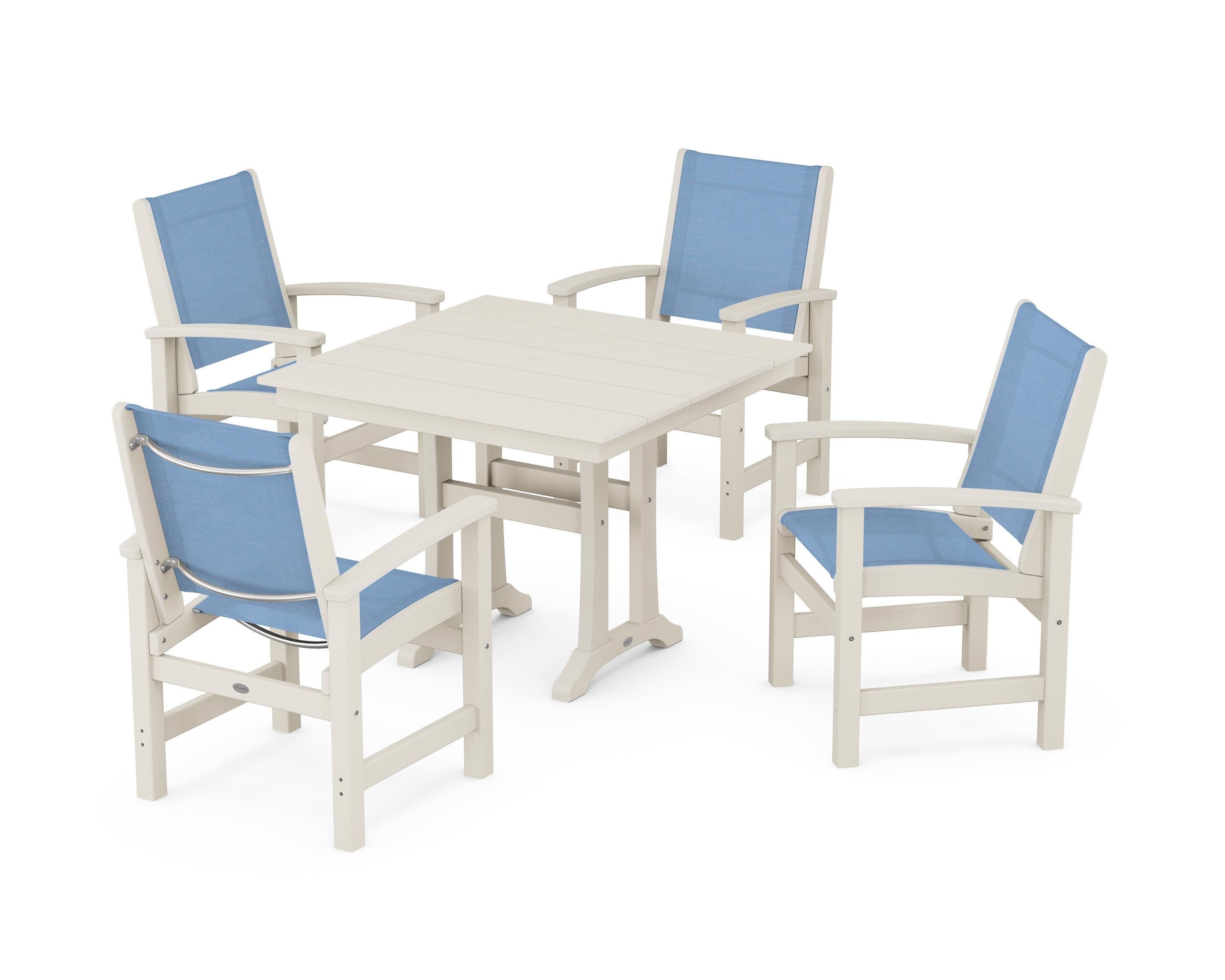 Coastal 5-Piece Farmhouse Dining Set With Trestle Legs in Sand / Poolside Sling