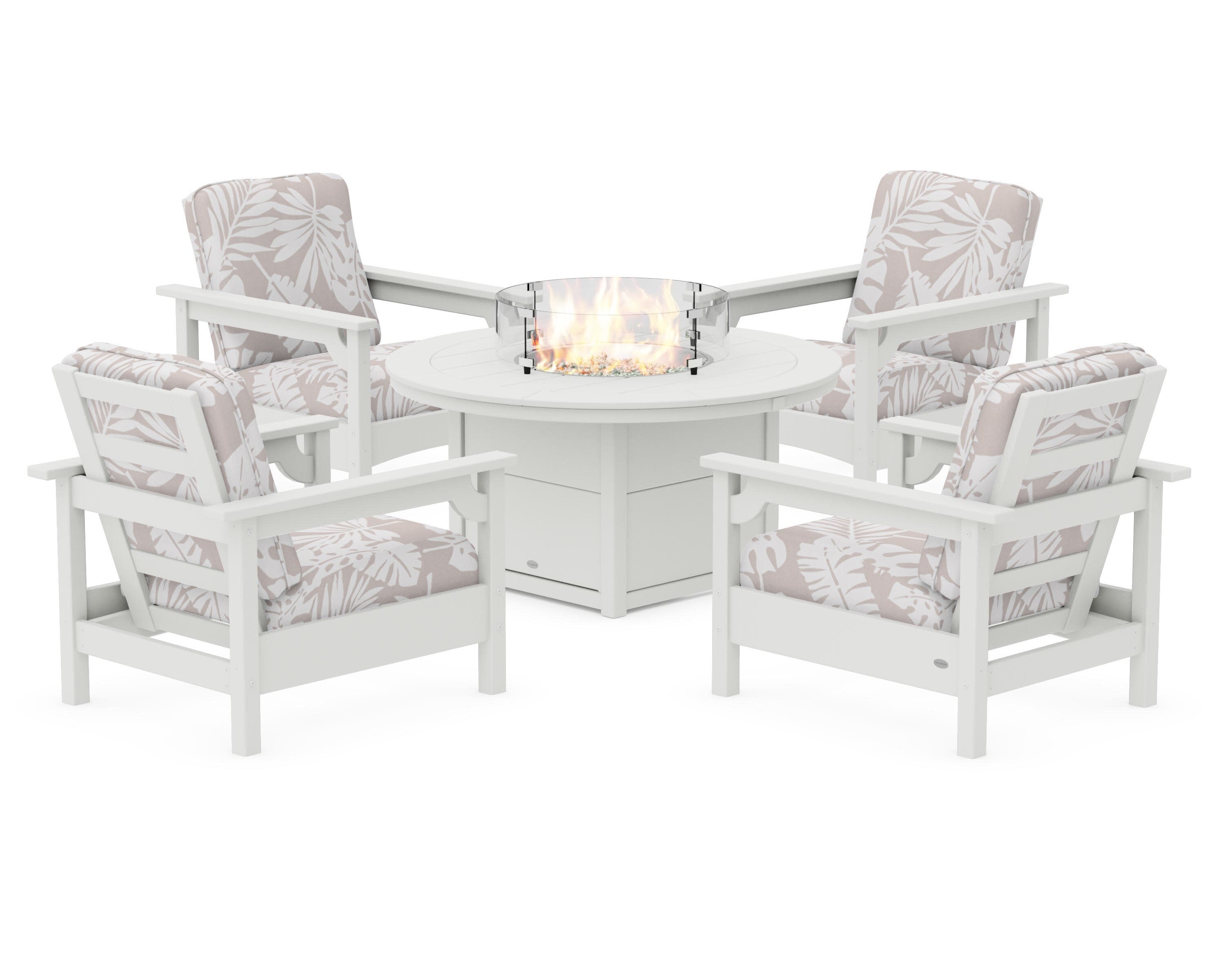 Club 5-Piece Conversation Set with Fire Pit Table in Vintage White / Leaf Dune Burlap
