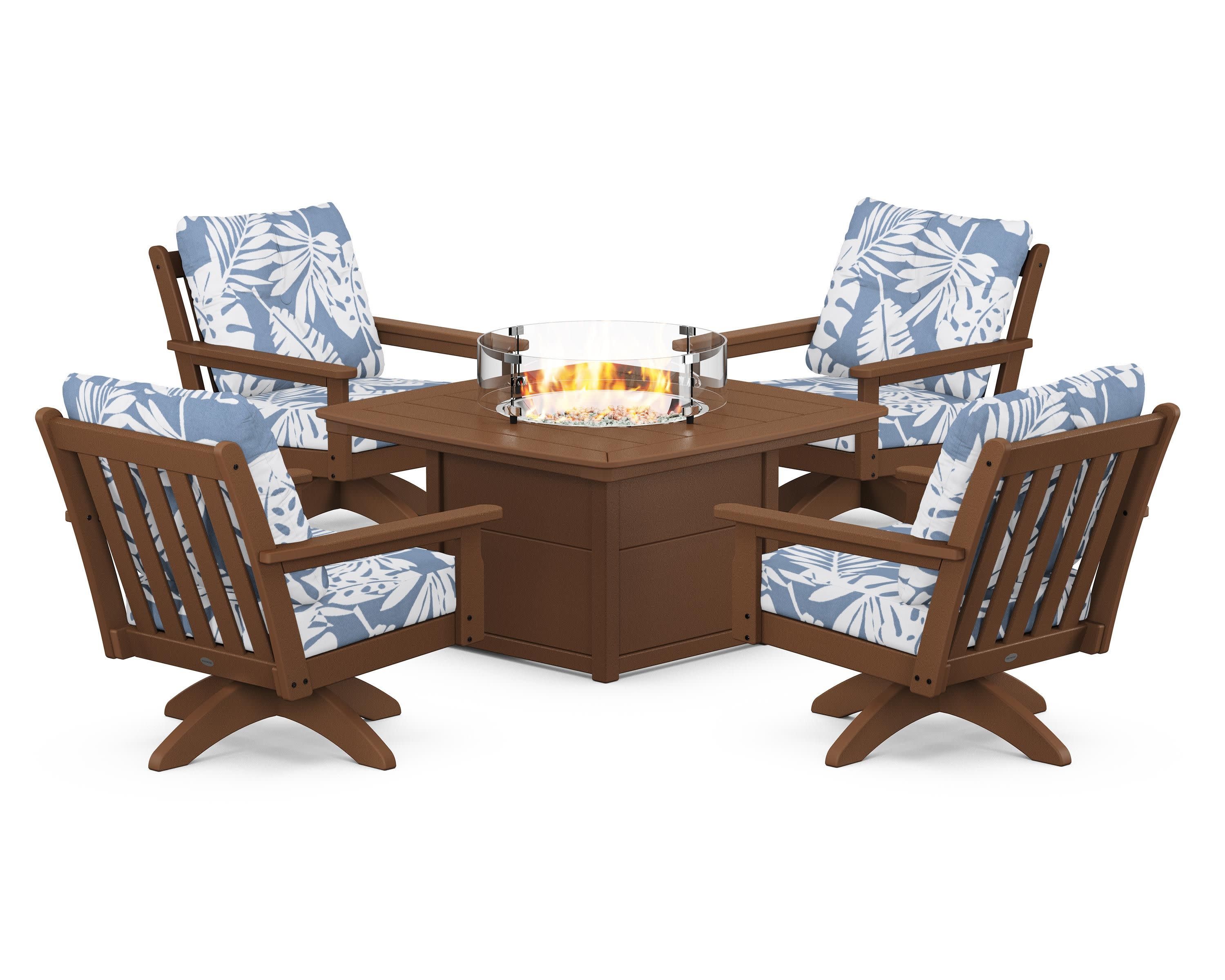 Vineyard 5-Piece Deep Seating Swivel Conversation Set with Fire Pit Table in Teak / Leaf Sky Blue