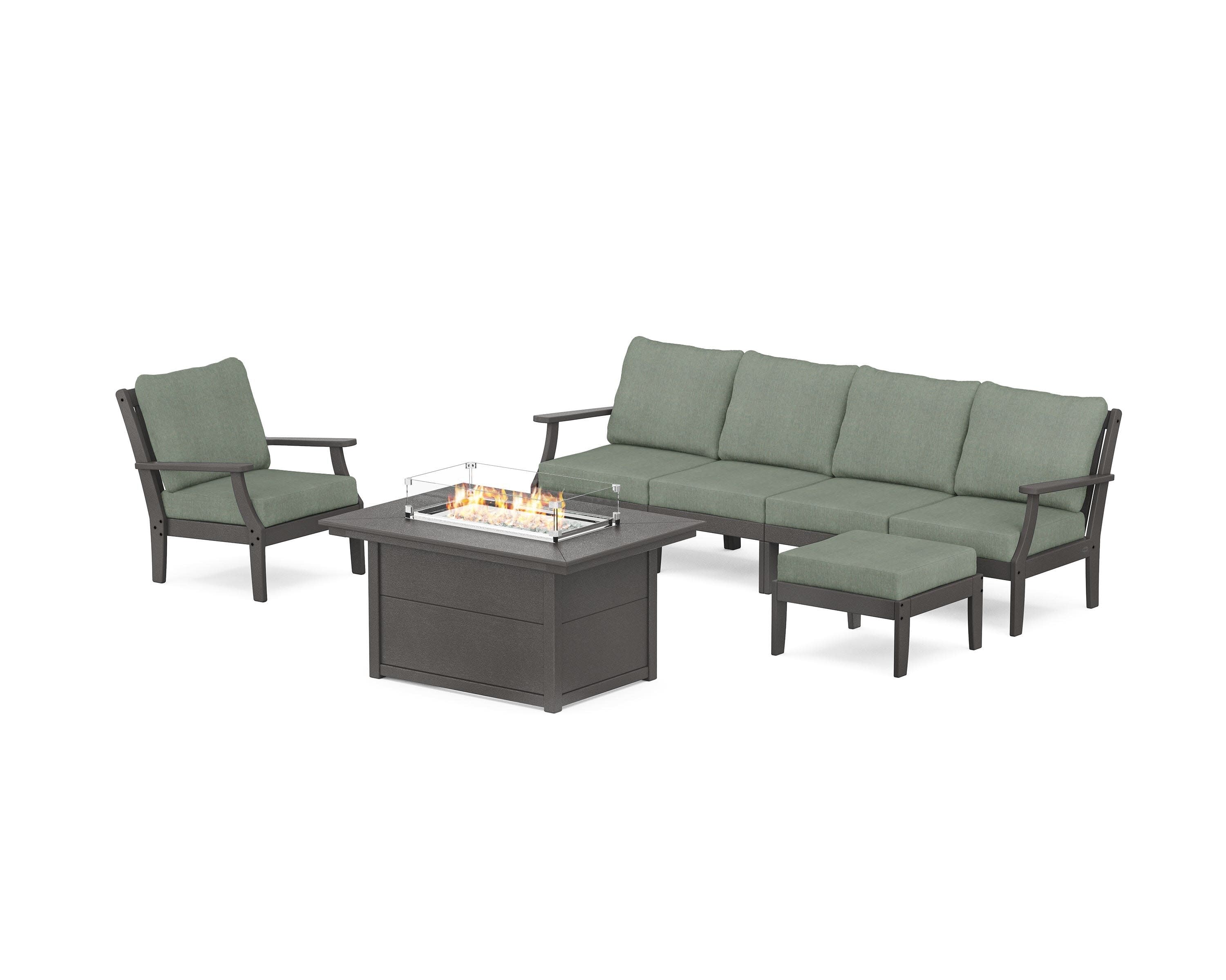 Braxton Sectional Lounge and Fire Pit Set in Vintage Coffee / Cast Sage