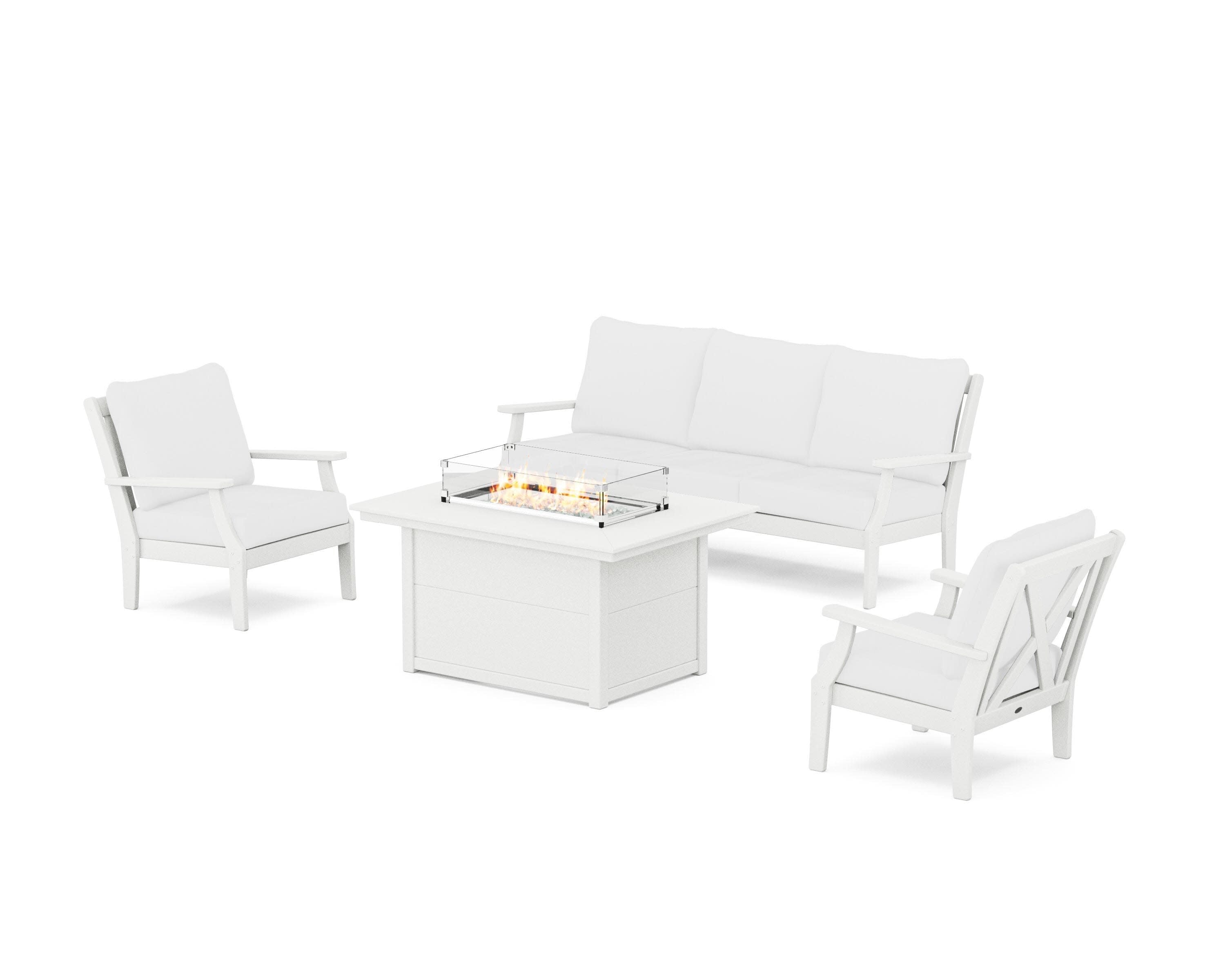 Braxton Deep Seating Fire Pit Table Set in Vintage White / Natural