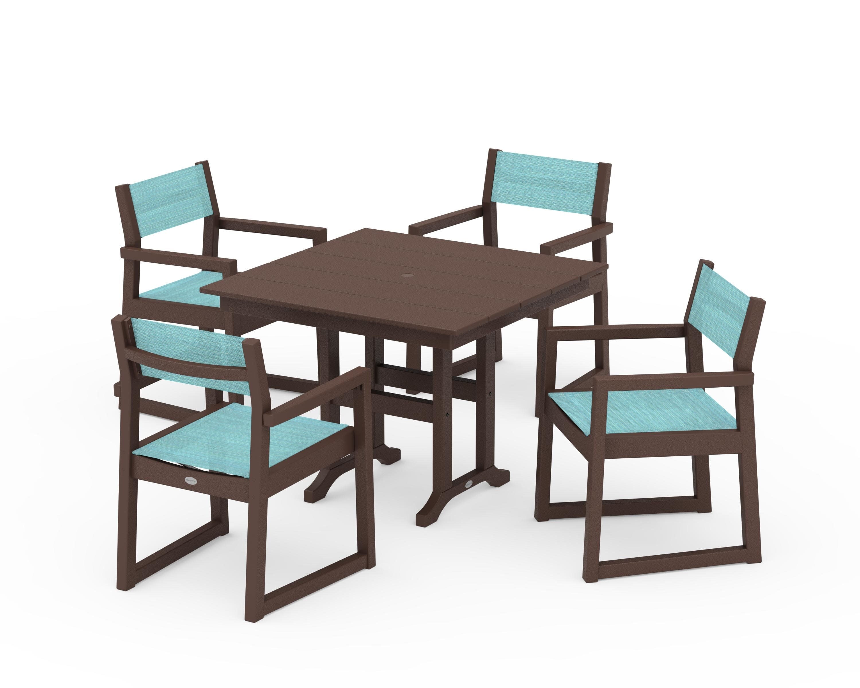 EDGE Sling Arm Chair 5-Piece Farmhouse Dining Set in Mahogany / Dupioni Aquamarine Sling