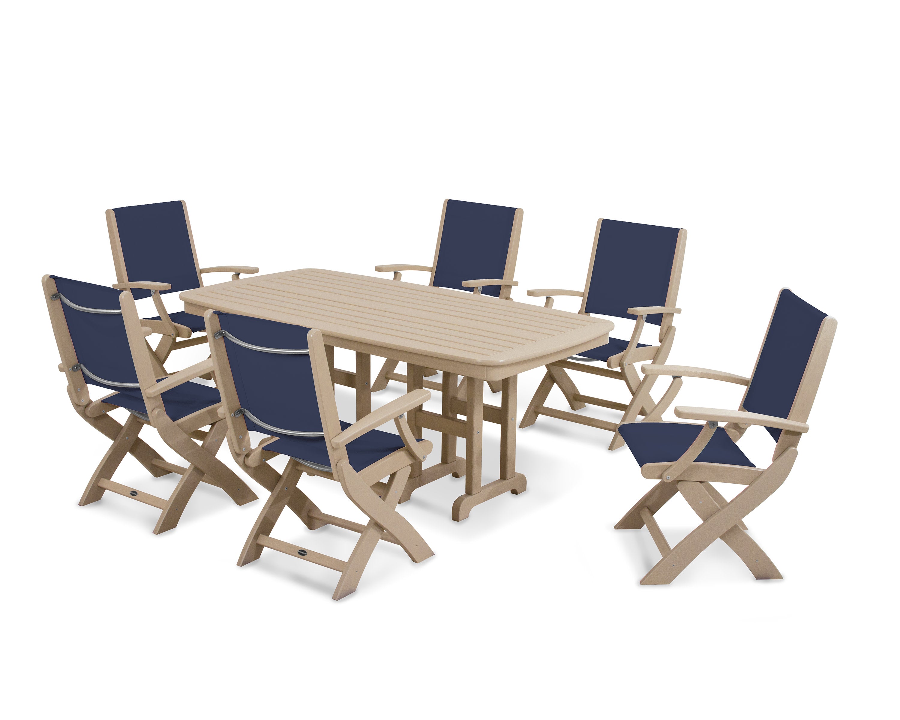Coastal Folding Arm Chair 7-Piece Dining Set in Sand / Navy Blue Sling