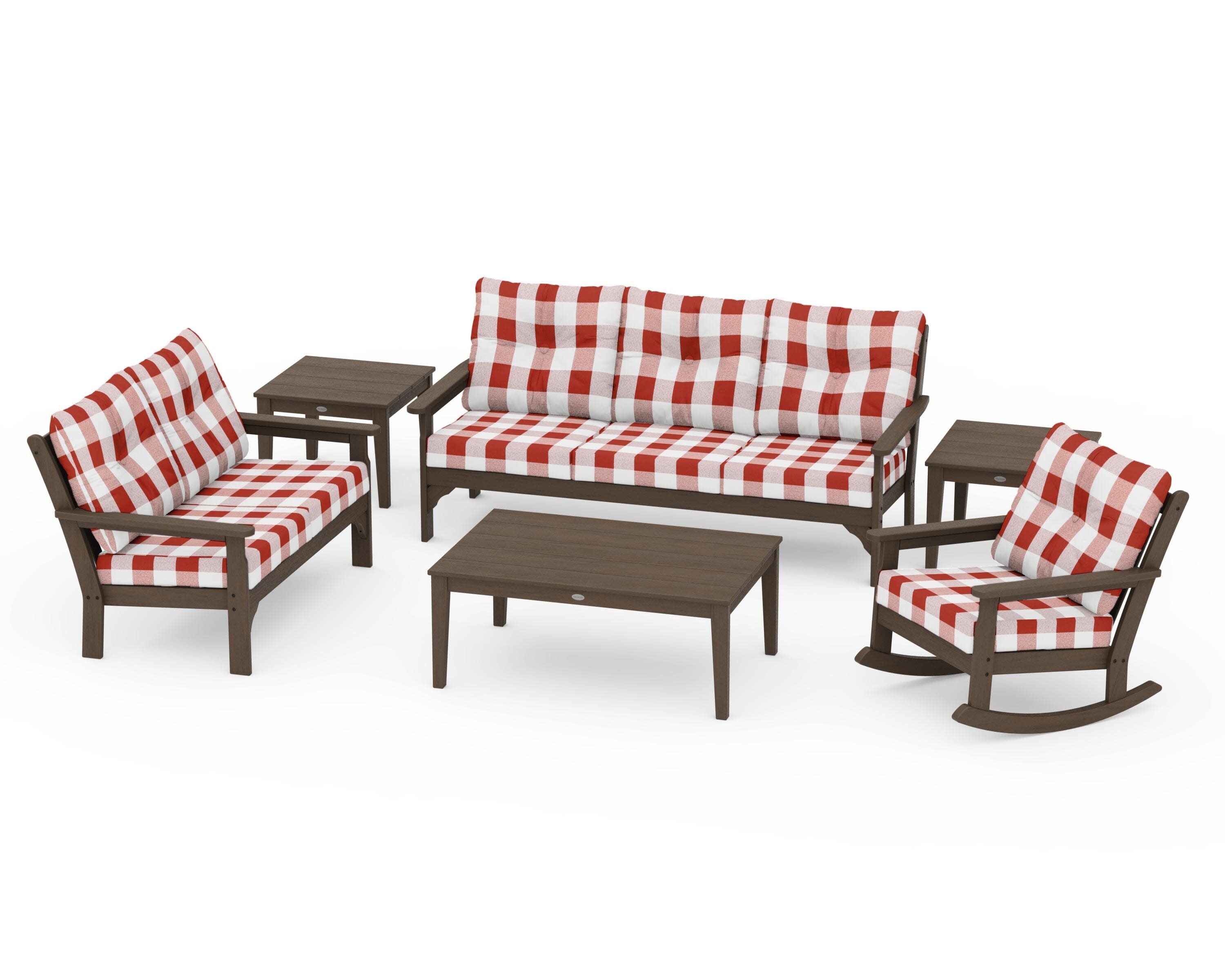 Vineyard 6-Piece Deep Seating Set in Kona / Buffalo Plaid Crimson