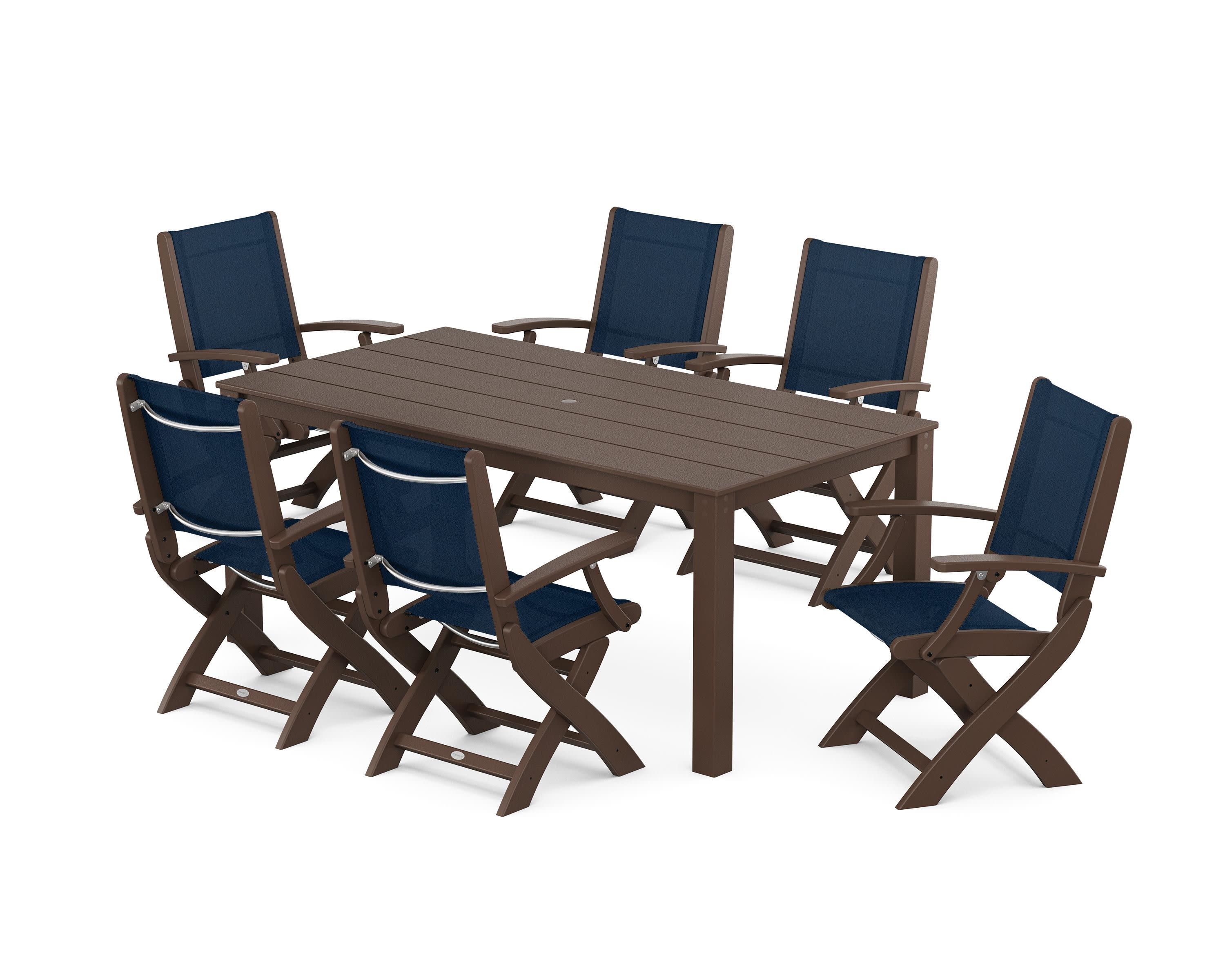 Coastal Folding Chair 7-Piece Parsons Dining Set in Mahogany / Navy Blue Sling