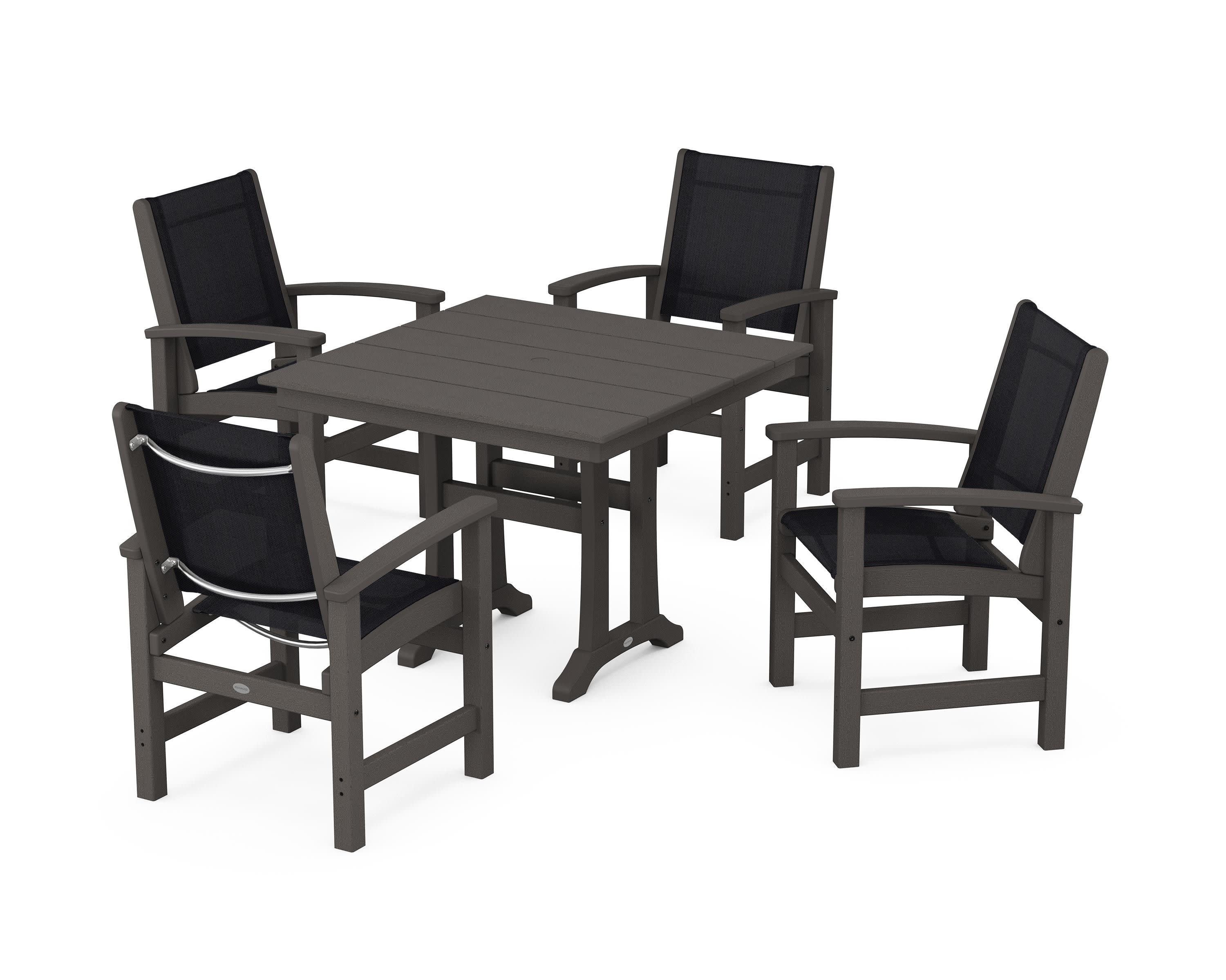 Coastal 5-Piece Farmhouse Dining Set With Trestle Legs in Vintage Coffee / Black Sling