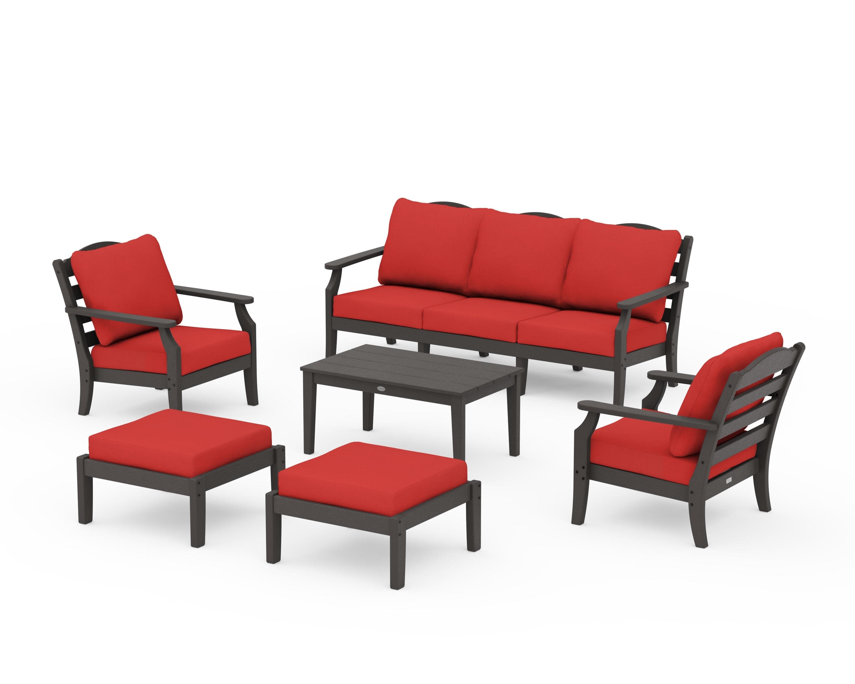 Savannah 6-Piece Lounge Sofa Set in Vintage Coffee / Crimson Linen