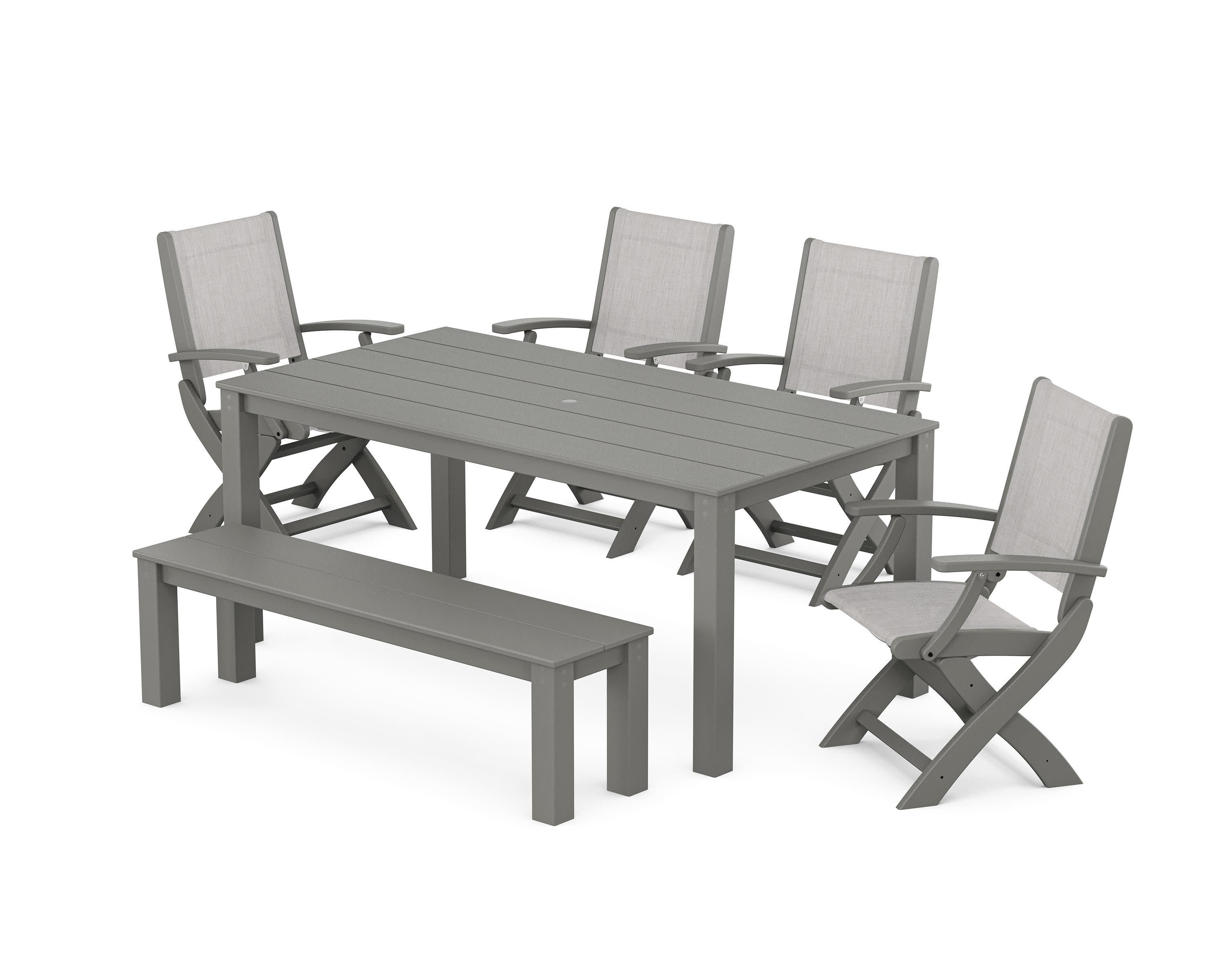 Coastal Folding Chair 6-Piece Parsons Dining Set with Bench in Slate Grey / Parchment Sling