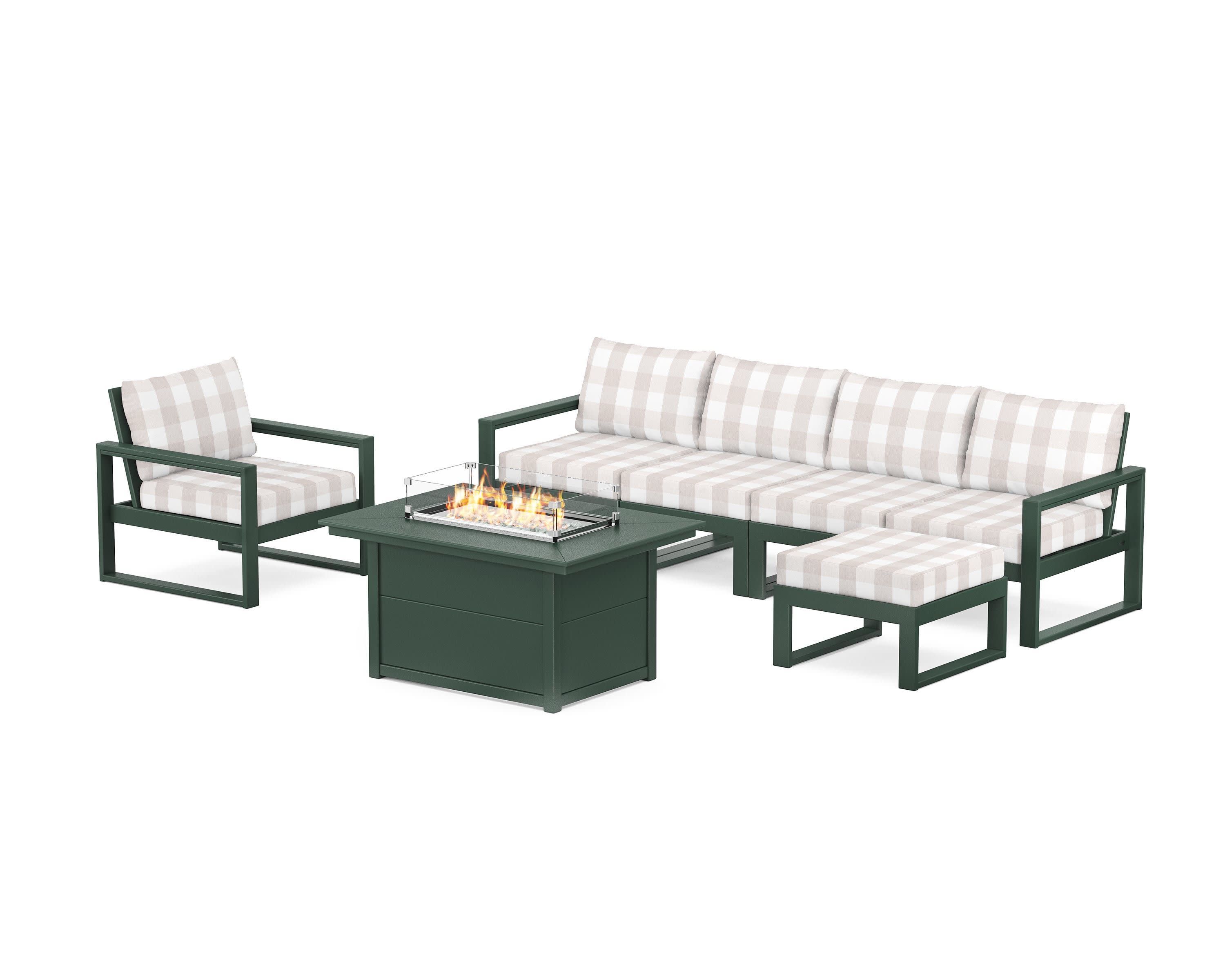 EDGE Sectional Lounge and Fire Pit Set in Green / Buffalo Plaid Dune Burlap
