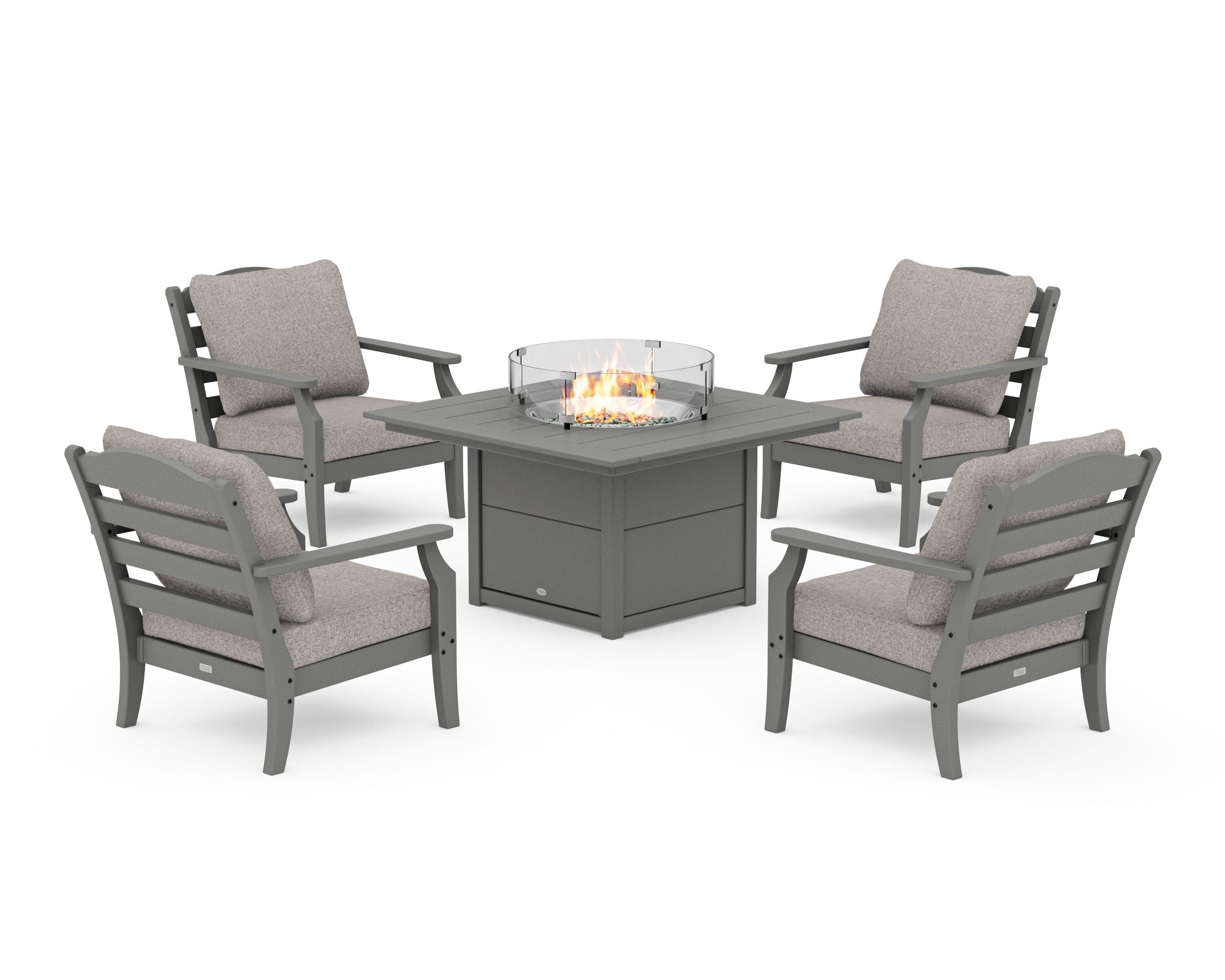 Savannah 5-Piece Deep Seating Set with Fire Pit Table in Slate Grey / Weathered Tweed