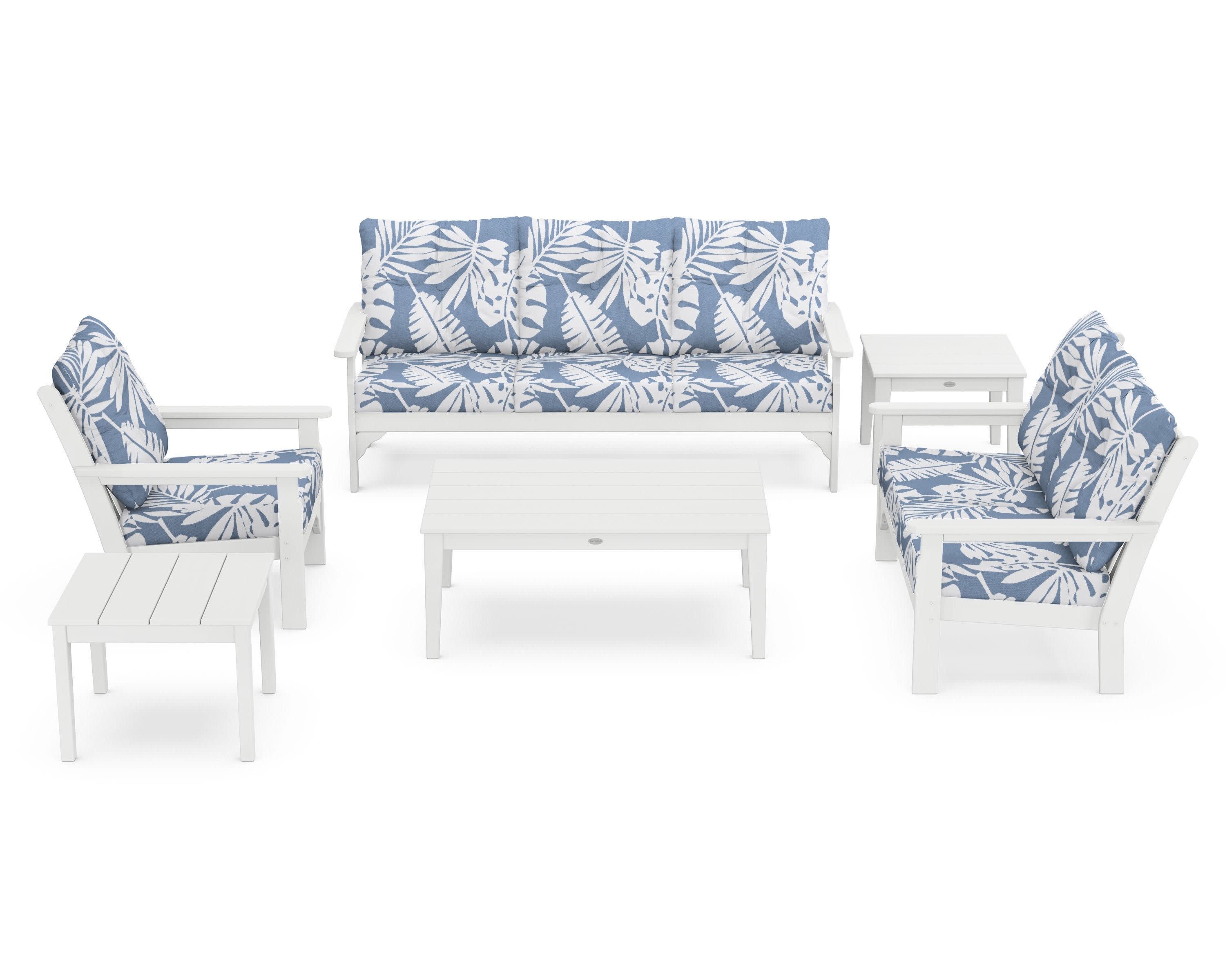 Vineyard 6-Piece Deep Seating Set in White / Leaf Sky Blue