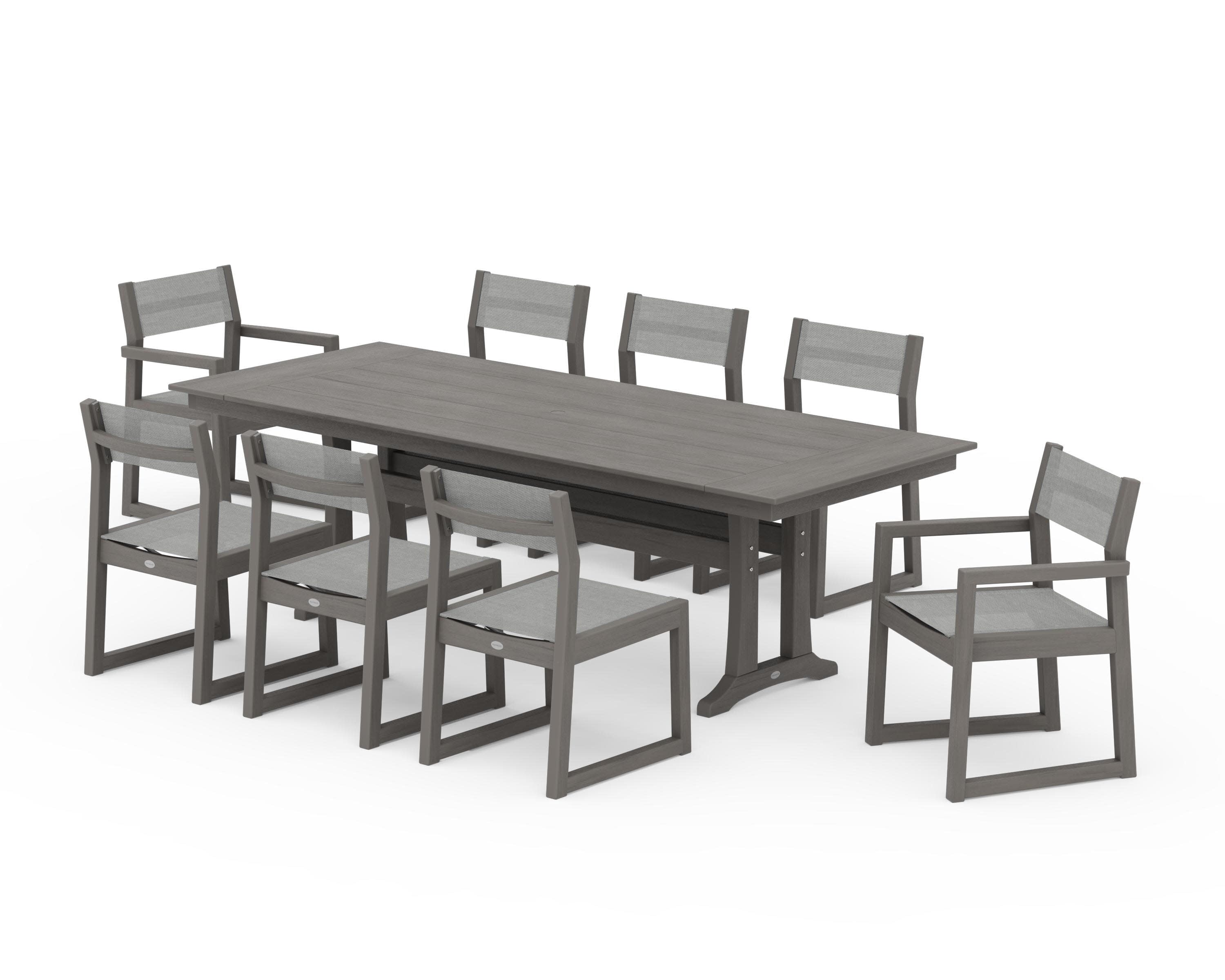 EDGE Sling 9-Piece Farmhouse Trestle Dining Set in Driftwood / Metallic Sling