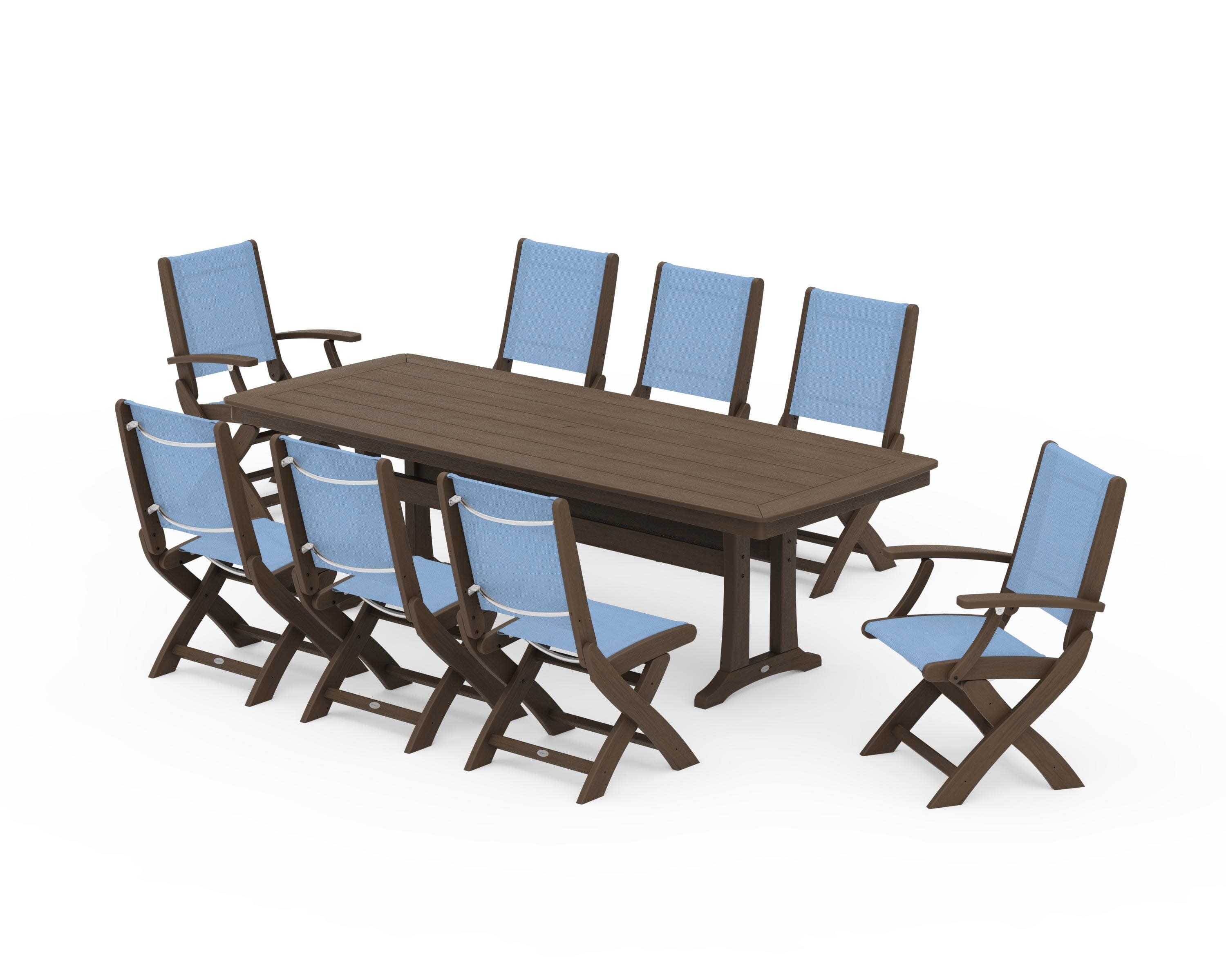 Coastal Folding 9-Piece Dining Set with Trestle Legs in Kona / Poolside Sling