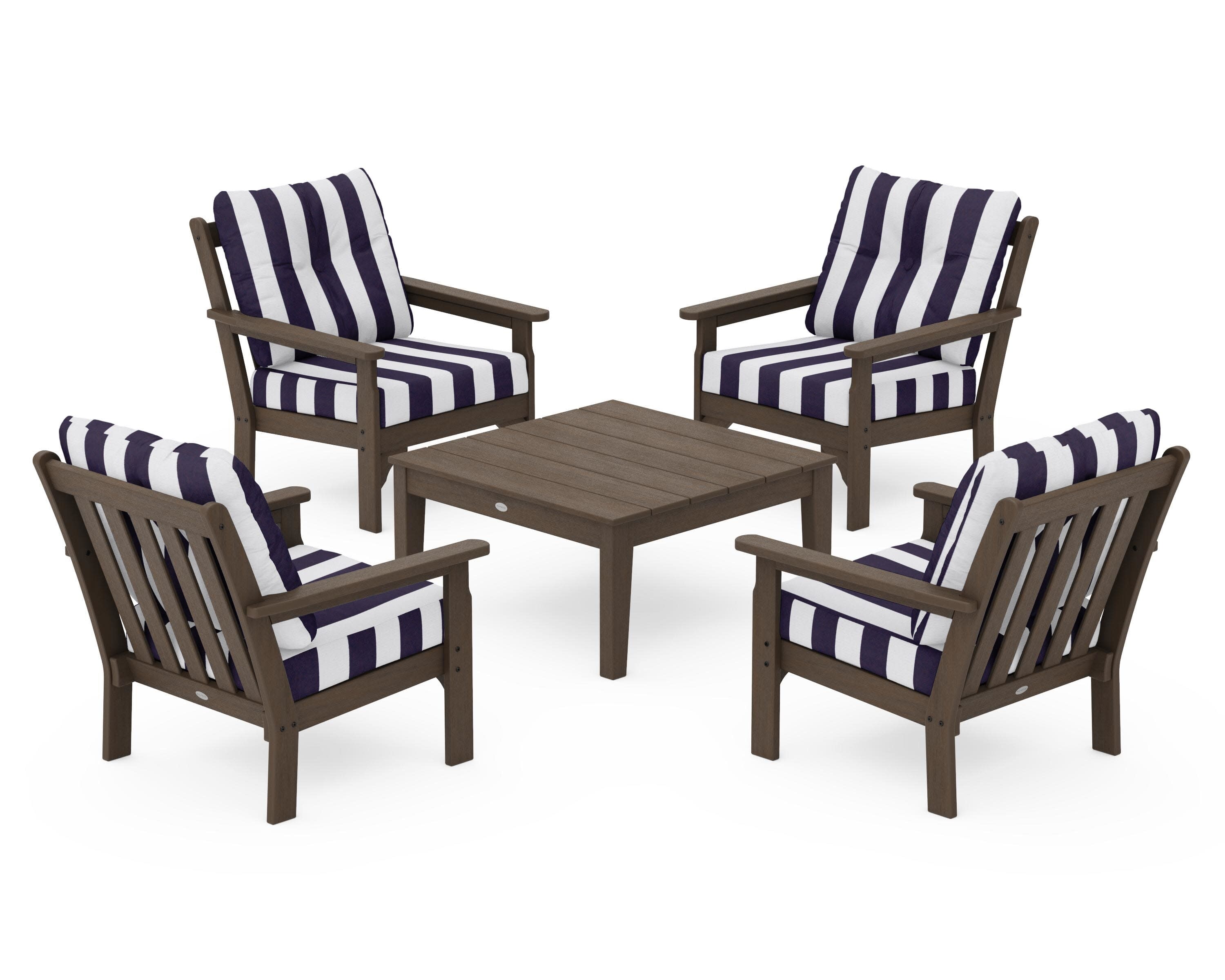Vineyard 5-Piece Deep Seating Conversation Set in Kona / Cabana Stripe Navy