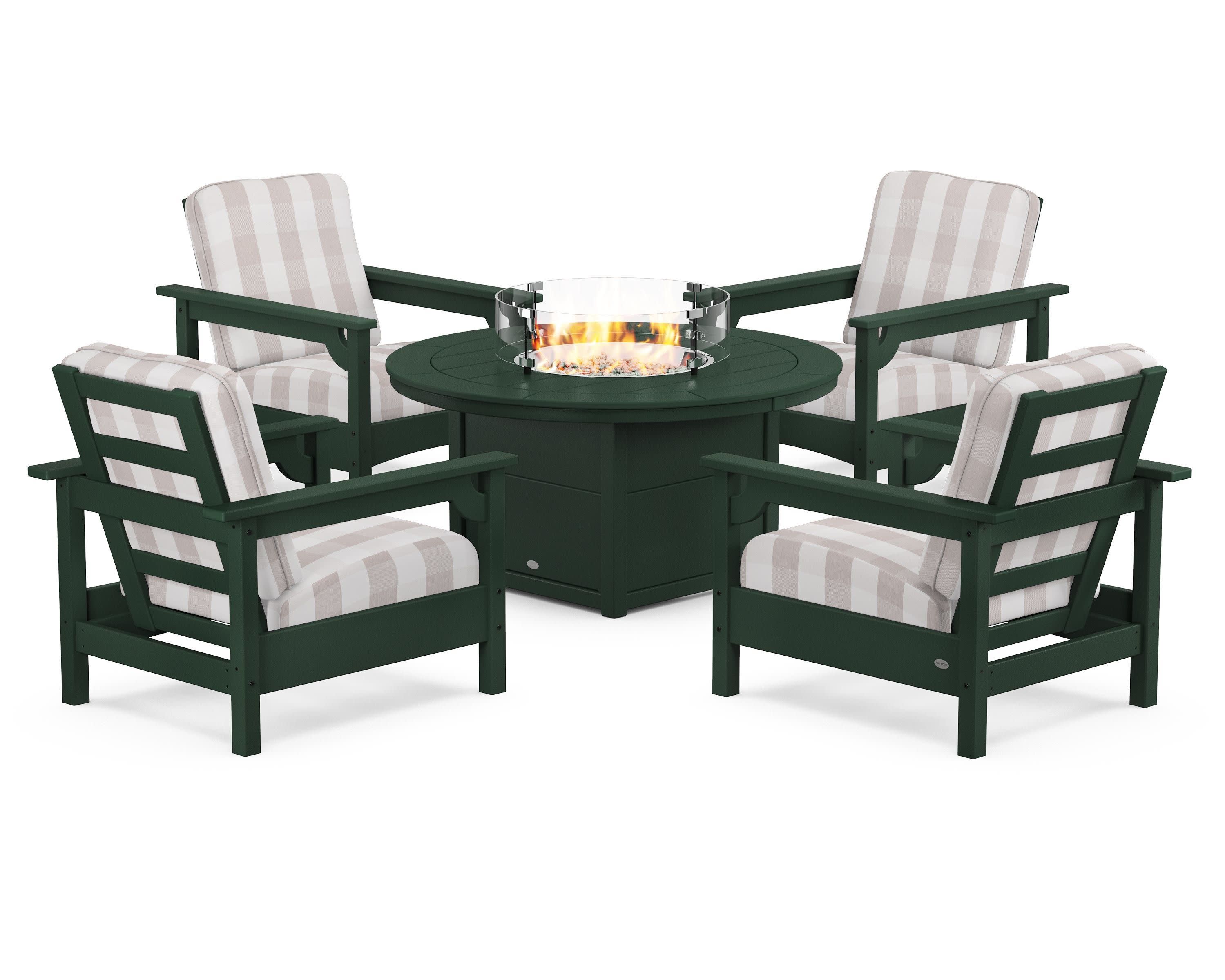 Club 5-Piece Conversation Set with Fire Pit Table in Green / Buffalo Plaid Dune Burlap