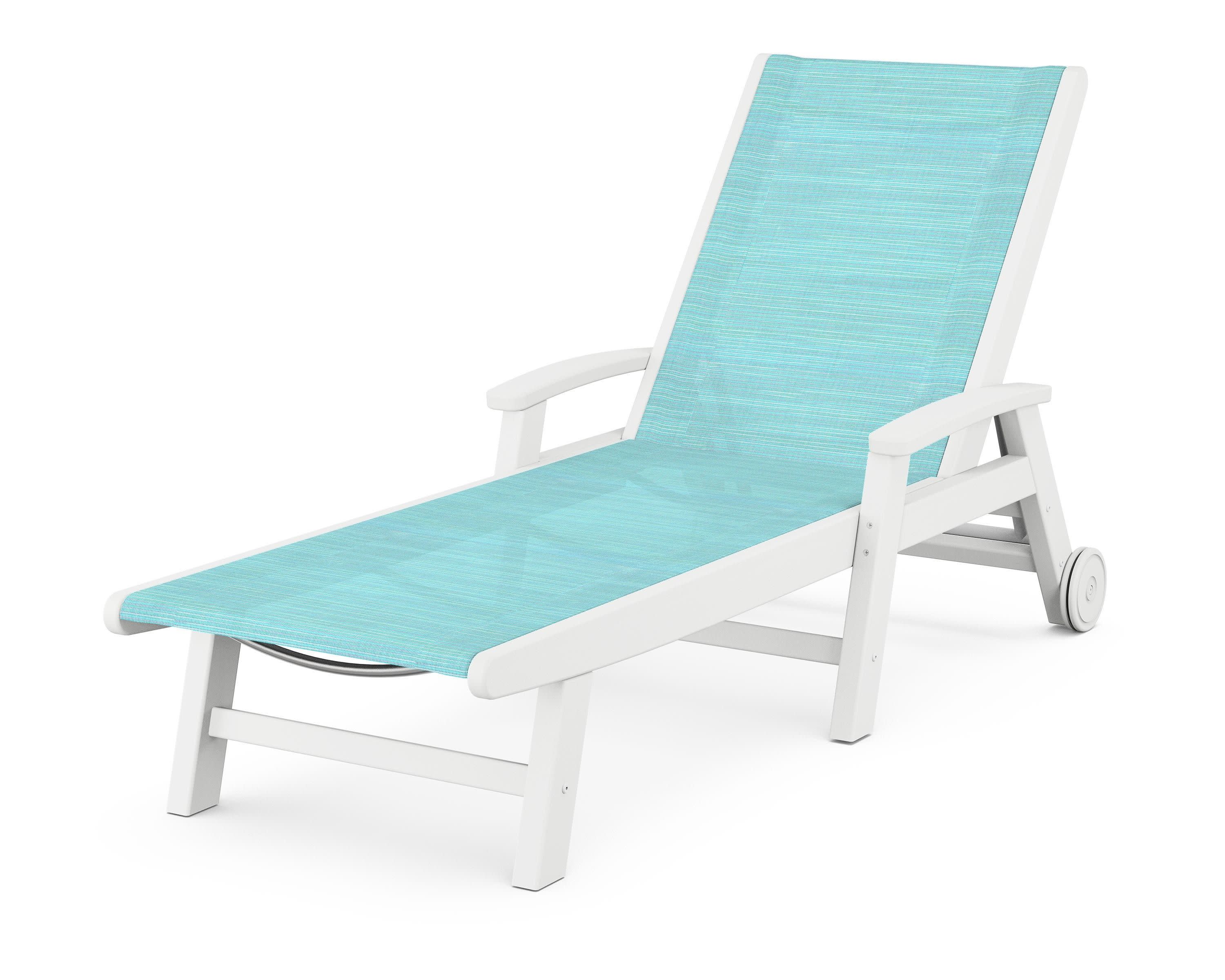 Coastal Chaise with Wheels in White / Dupioni Aquamarine Sling