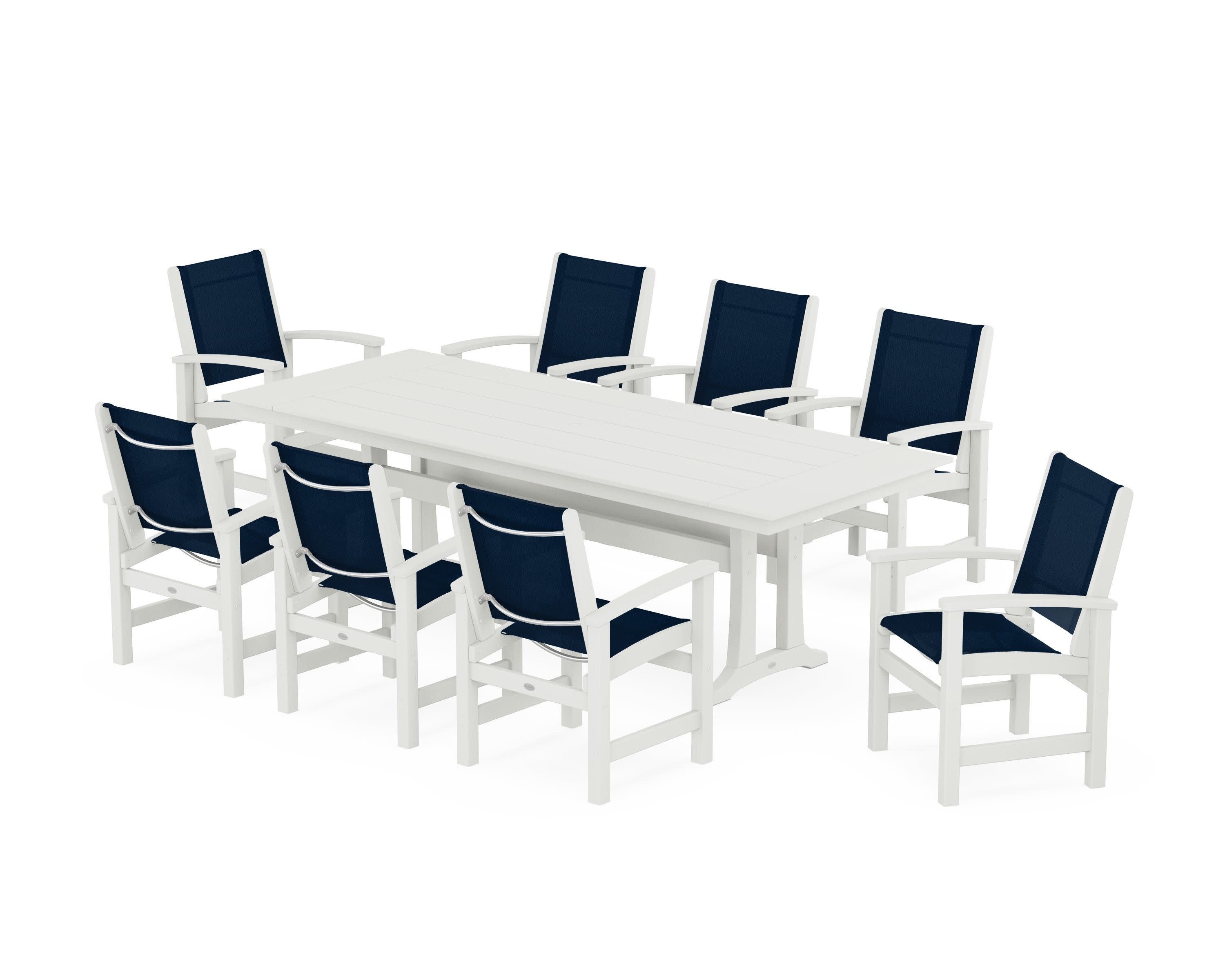 Coastal 9-Piece Farmhouse Dining Set with Trestle Legs in Vintage White / Navy Blue Sling