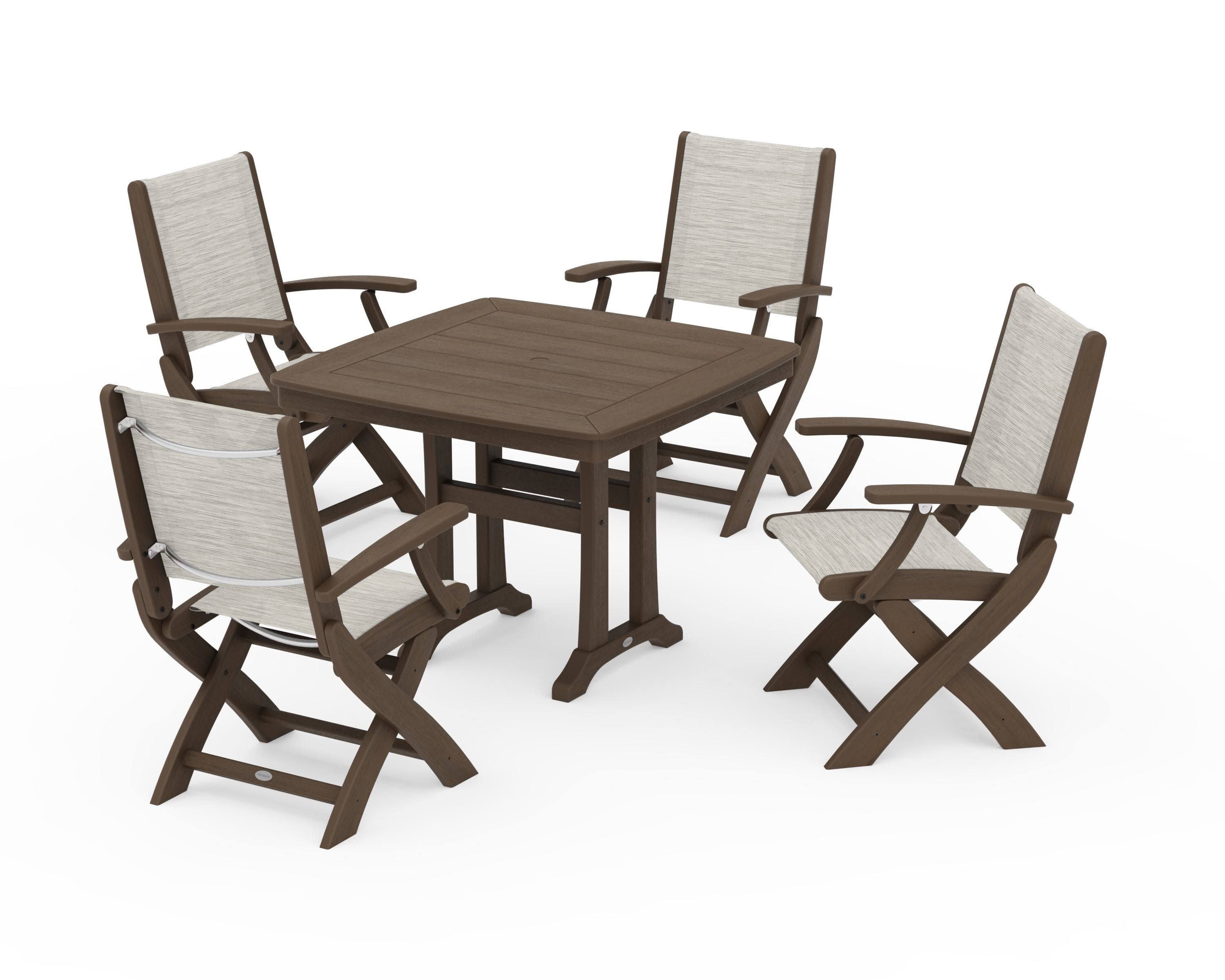 Coastal Folding Chair 5-Piece Dining Set with Trestle Legs in Kona / Birch Sling