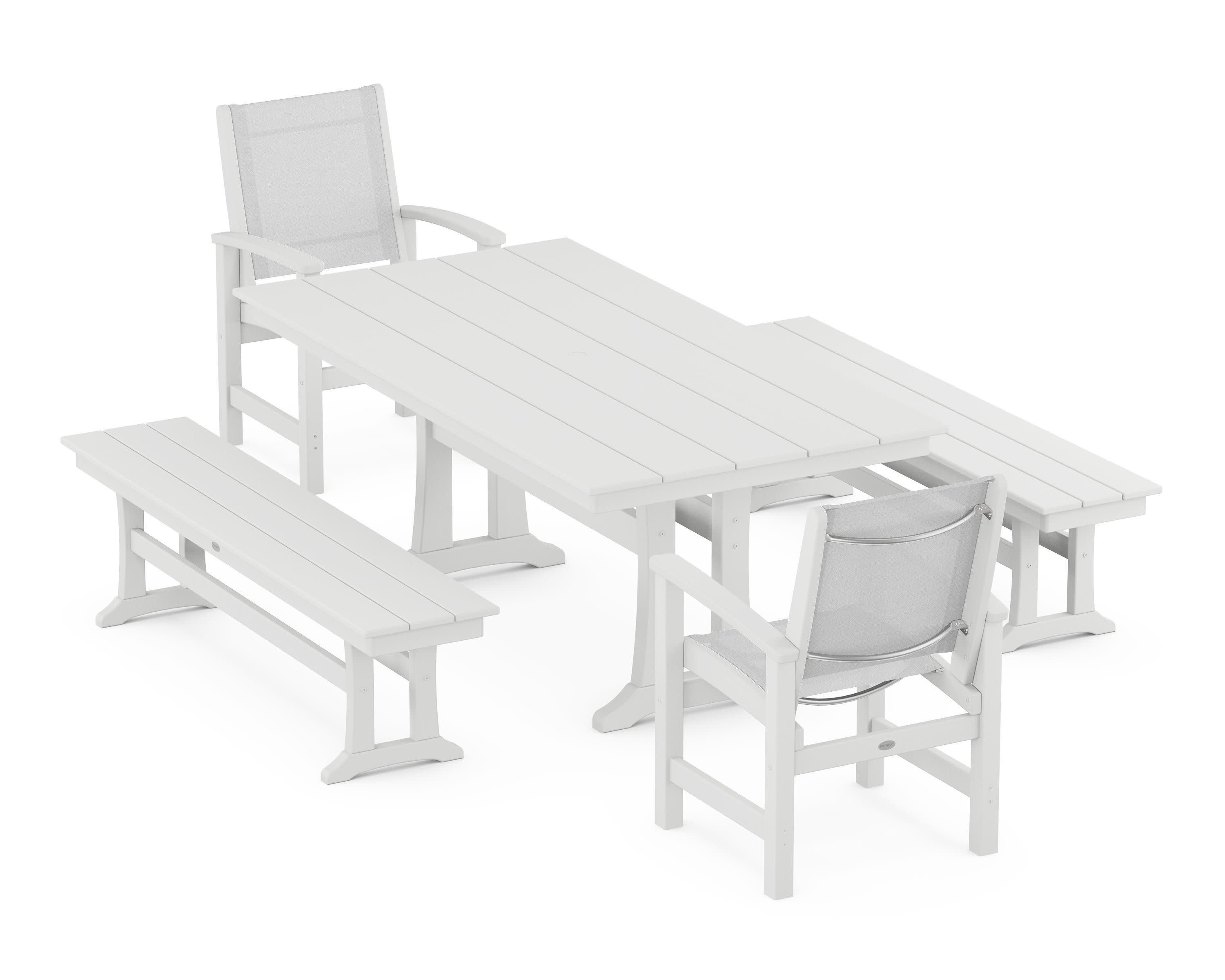 Coastal 5-Piece Farmhouse Dining Set with Trestle Legs and Benches in White / White Sling