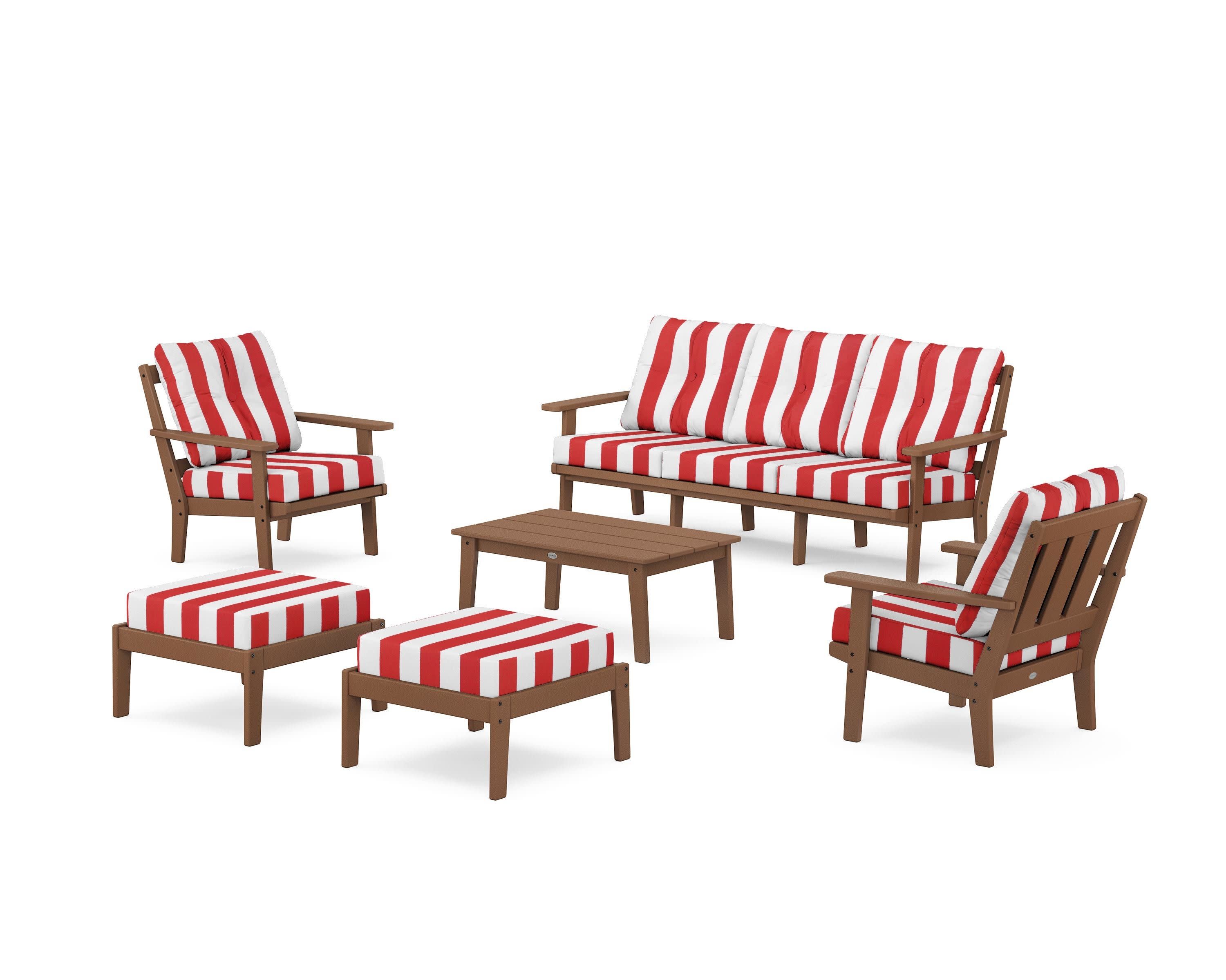 Oxford 6-Piece Lounge Sofa Set in Teak / Cabana Stripe Crimson