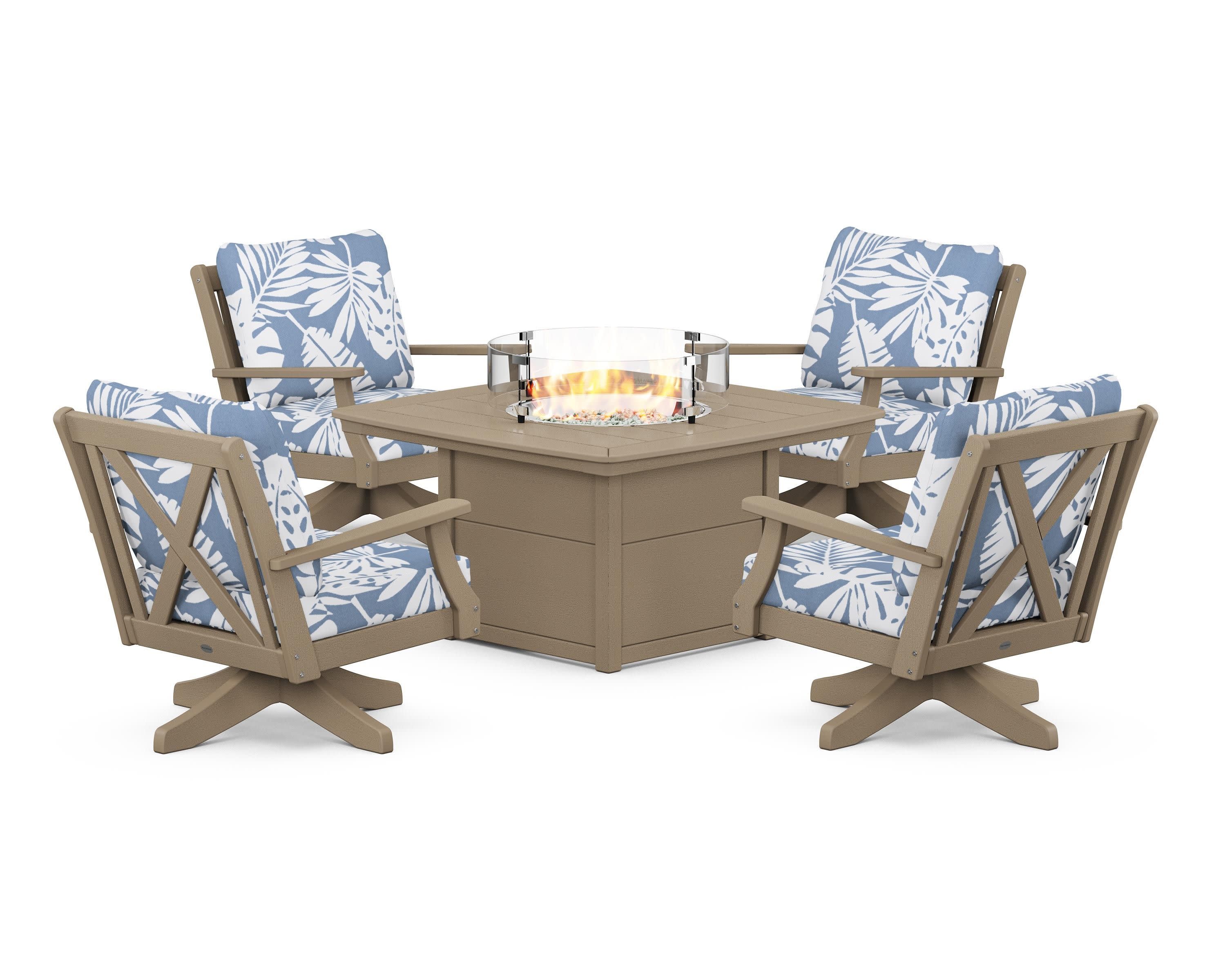 Braxton 5-Piece Deep Seating Swivel Conversation Set with Fire Pit Table in Vintage Sahara / Leaf Sky Blue