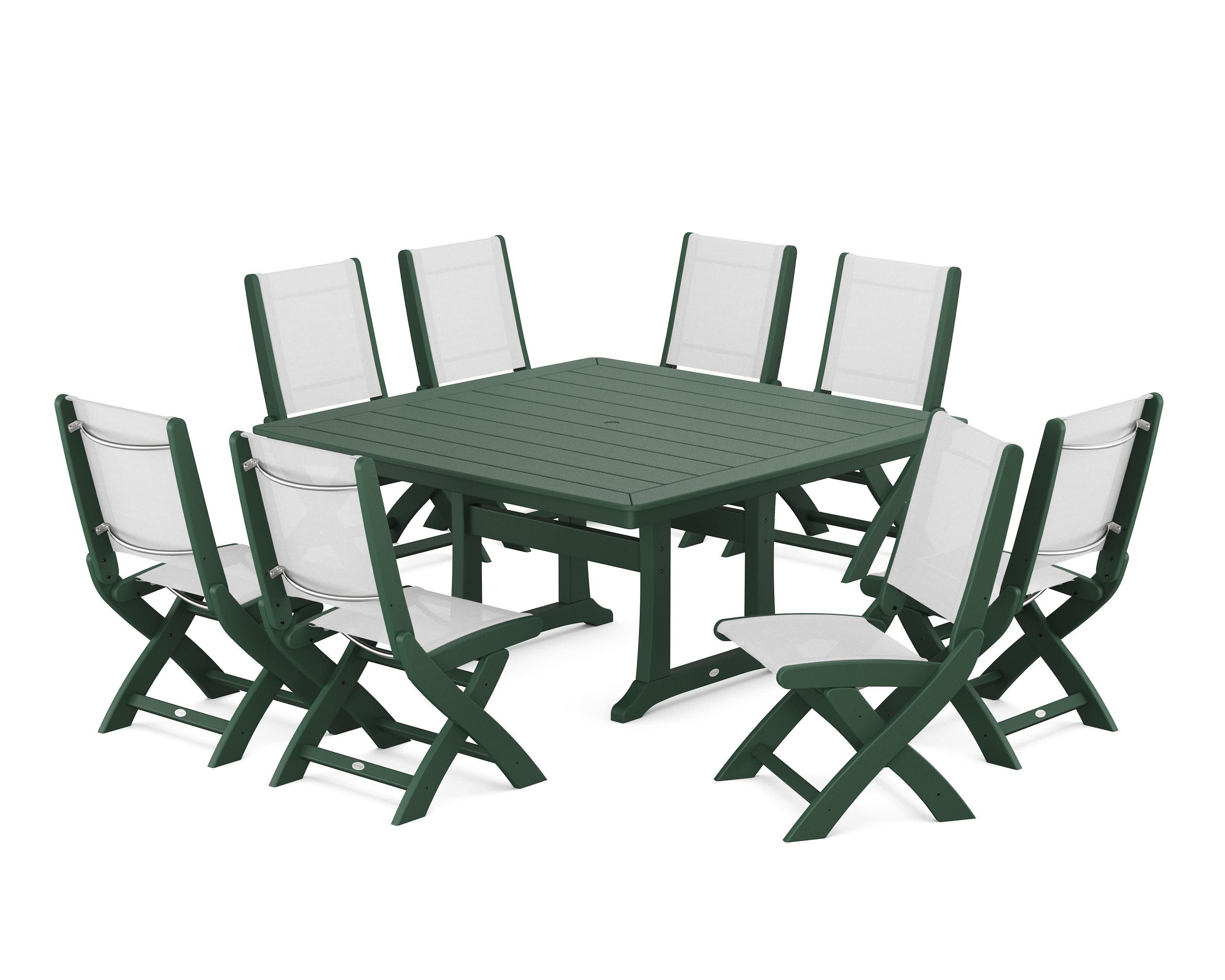 Coastal Folding Side Chair 9-Piece Dining Set with Trestle Legs in Green / White Sling