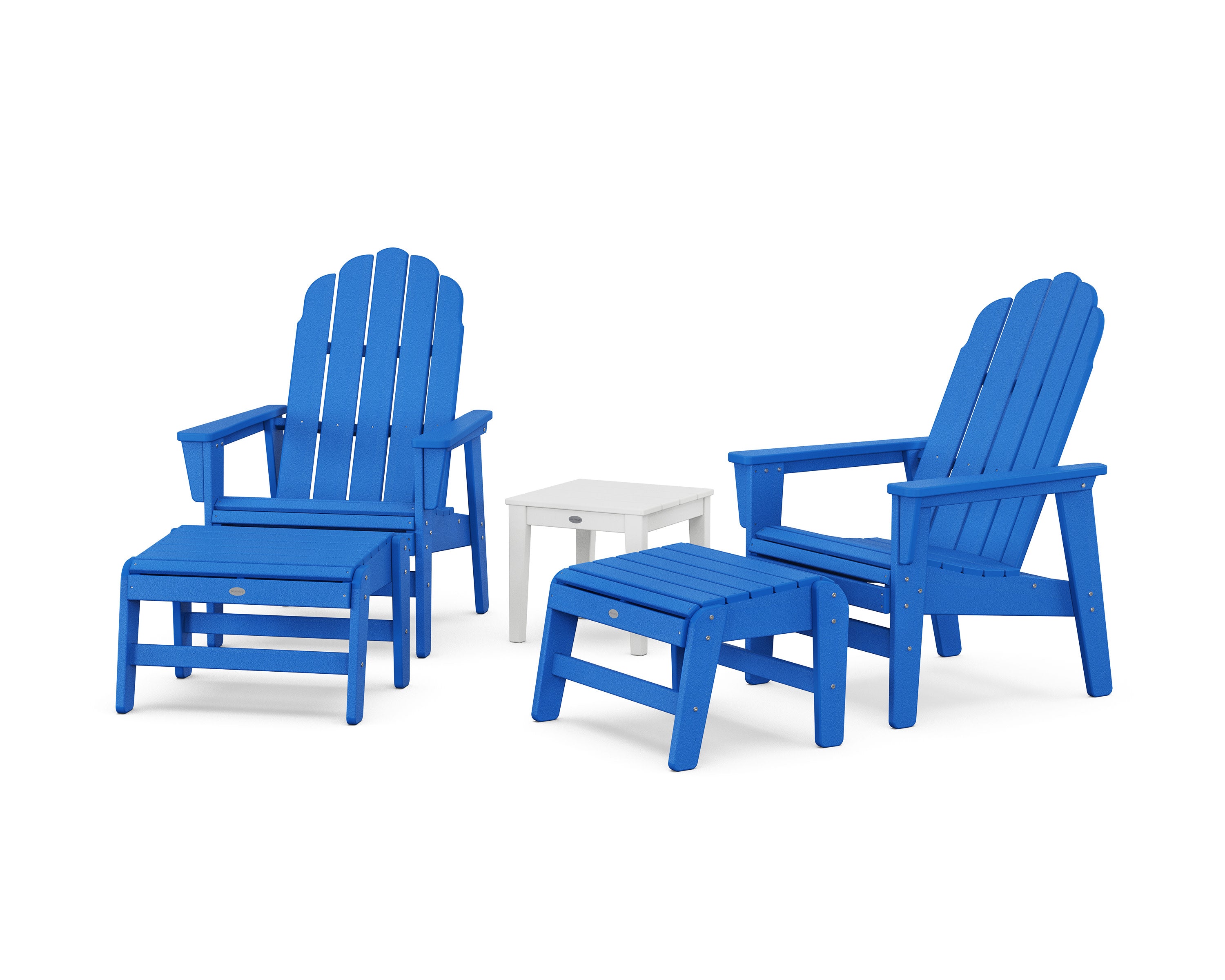 5-Piece Vineyard Grand Upright Adirondack Set with Ottomans and Side Table in Pacific Blue / White