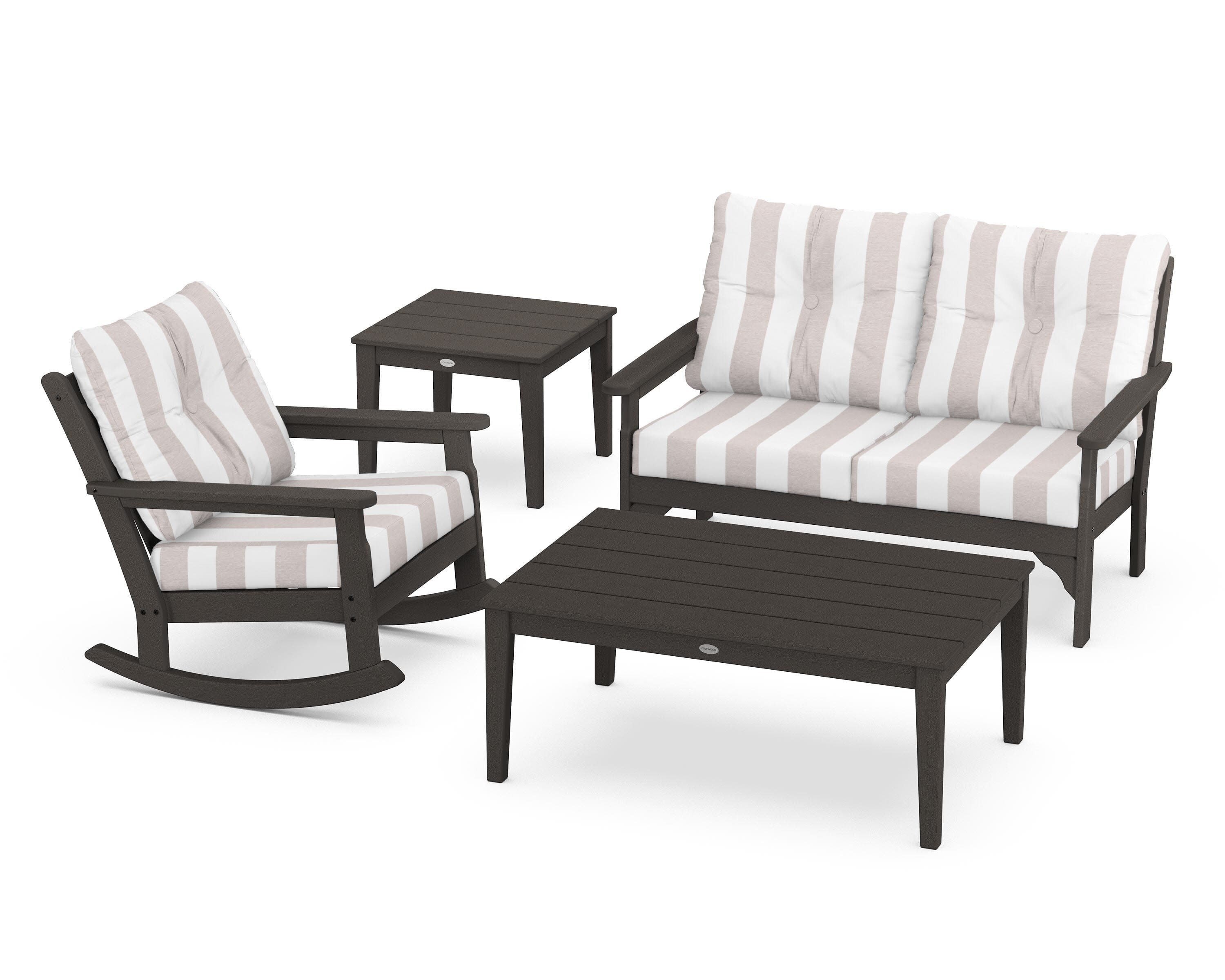 Vineyard 4-Piece Deep Seating Rocker Set in Vintage Coffee / Cabana Stripe Dune Burlap