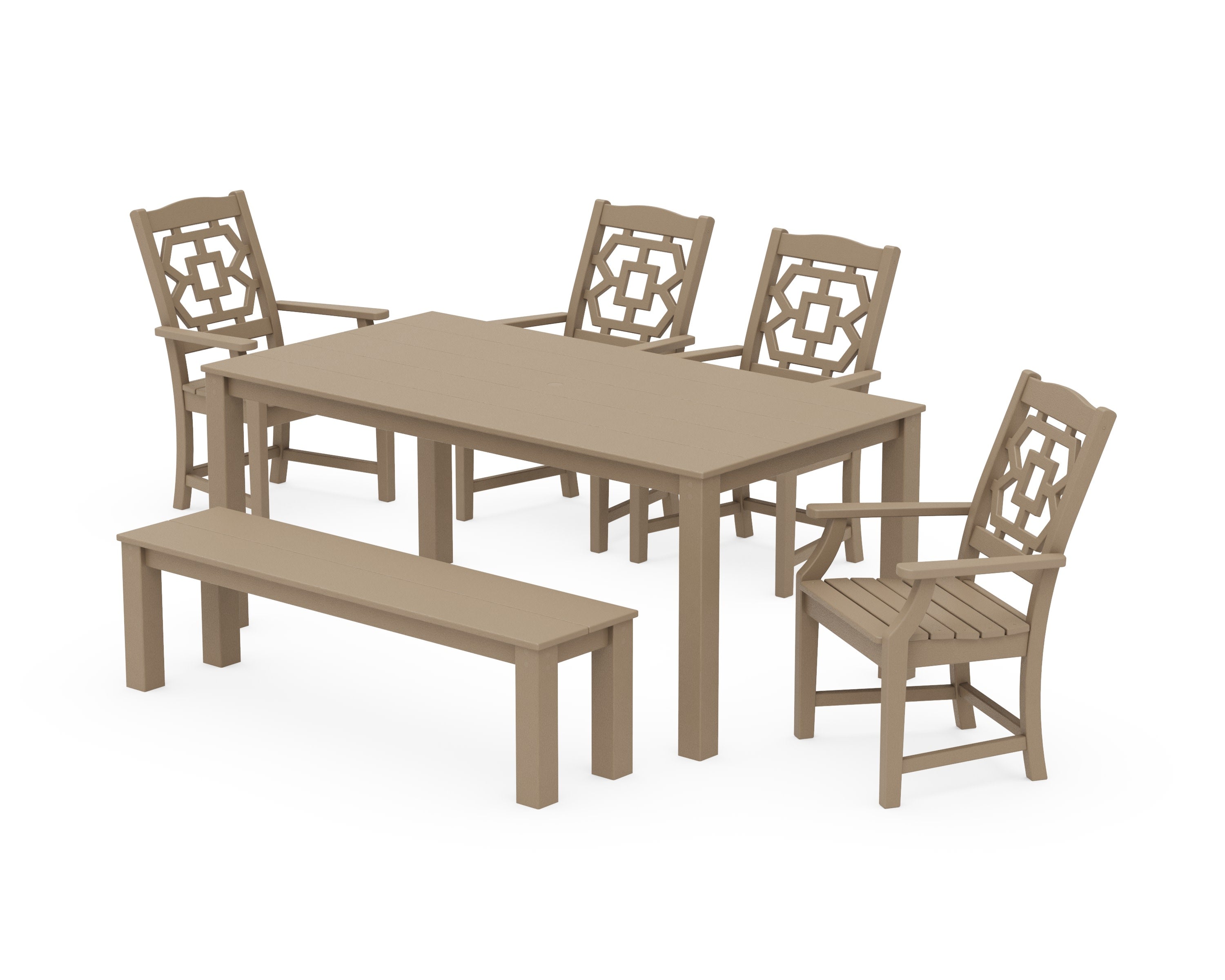 Chinoiserie 6-Piece Parsons Dining Set with Bench in Vintage Sahara