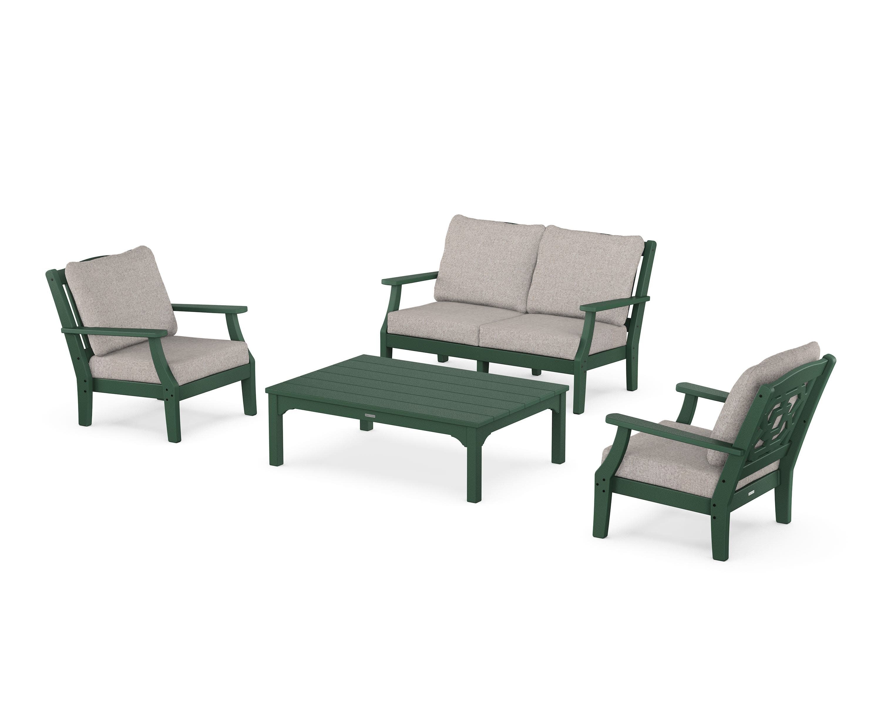 Chinoiserie 4-Piece Deep Seating Set with Loveseat in Green / Weathered Tweed
