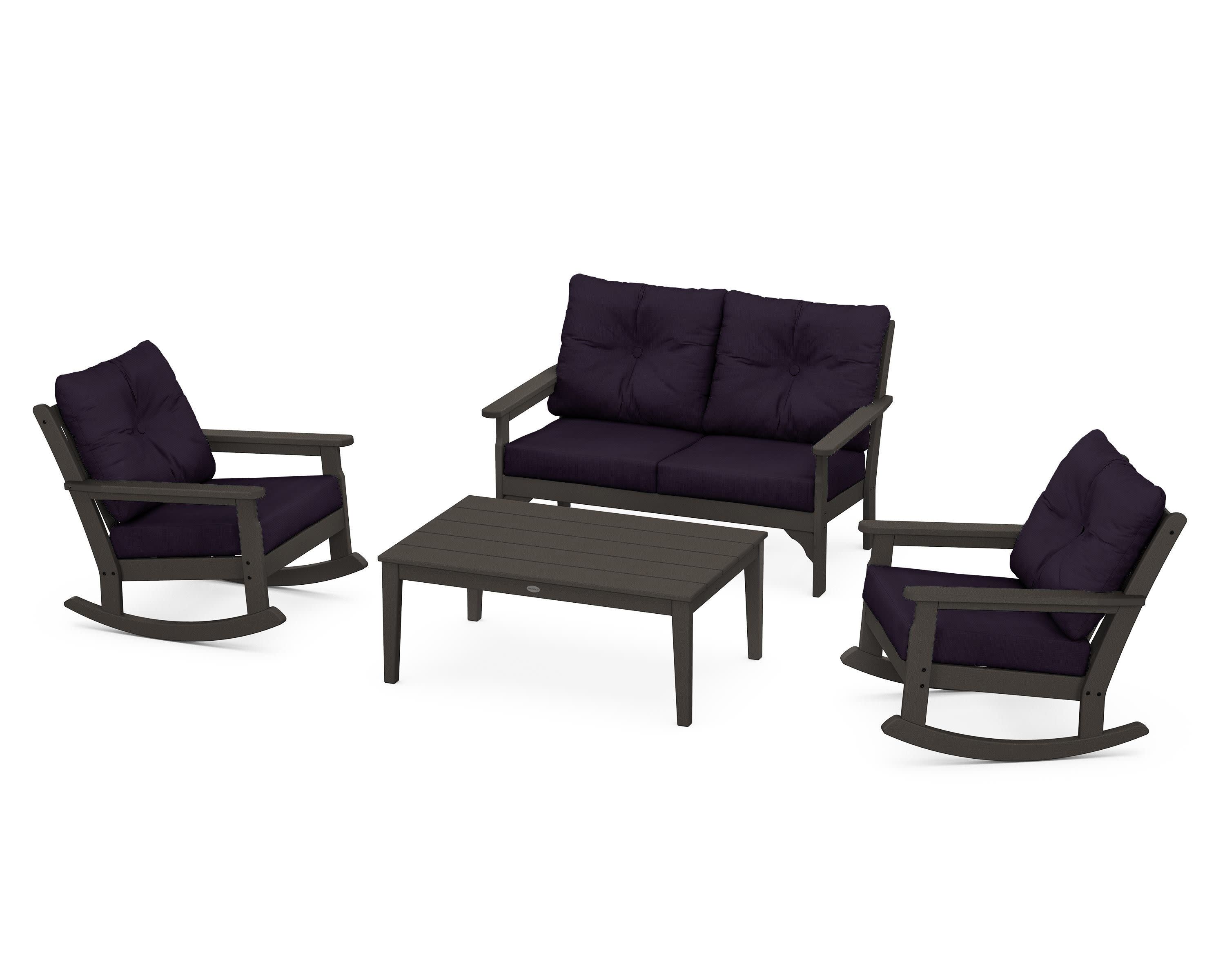 Vineyard 4-Piece Deep Seating Rocking Chair Set in Vintage Coffee / Navy Linen