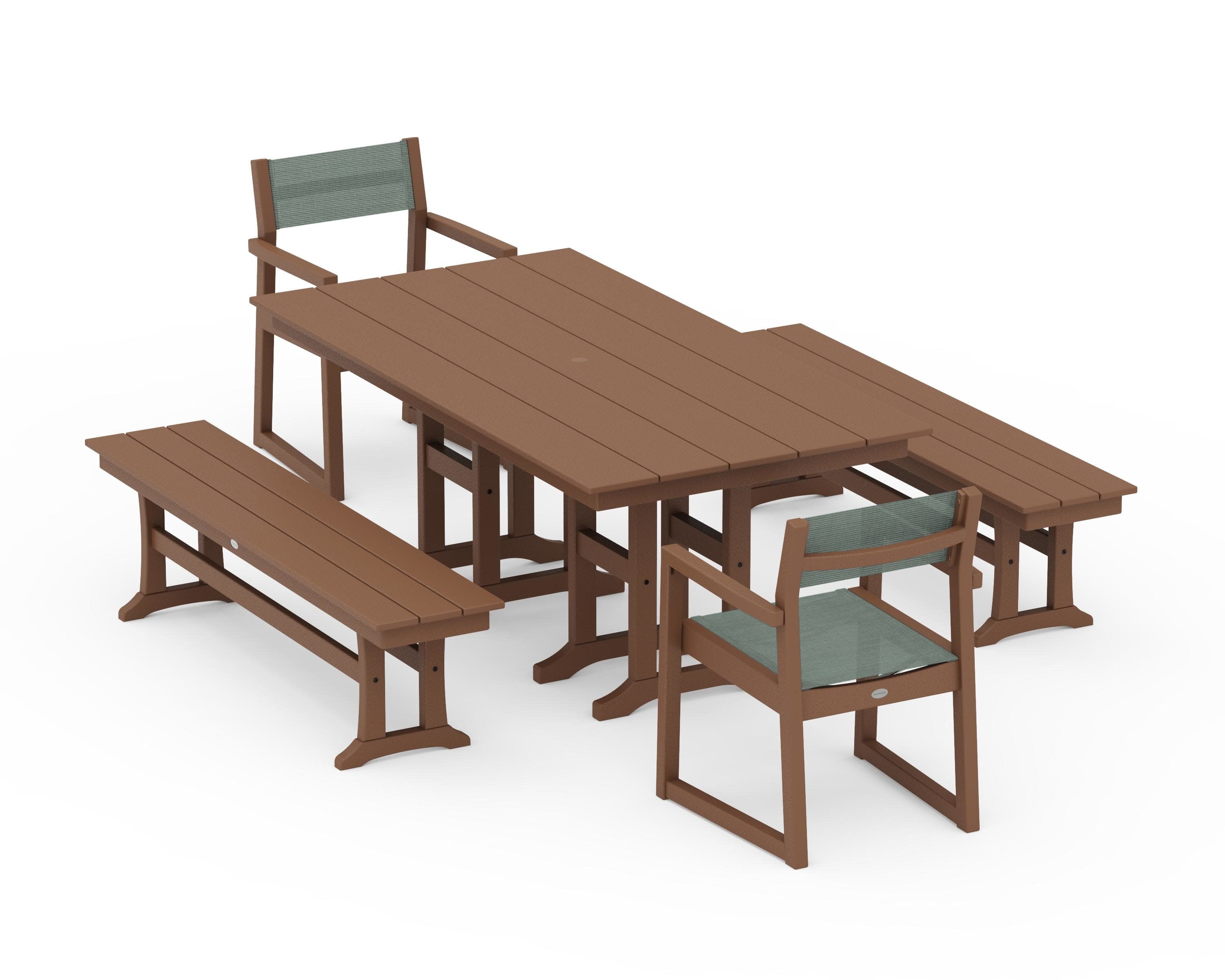 EDGE Sling Arm Chair 5-Piece Farmhouse Dining Set with Benches in Teak / Dupioni Sea Mist Sling