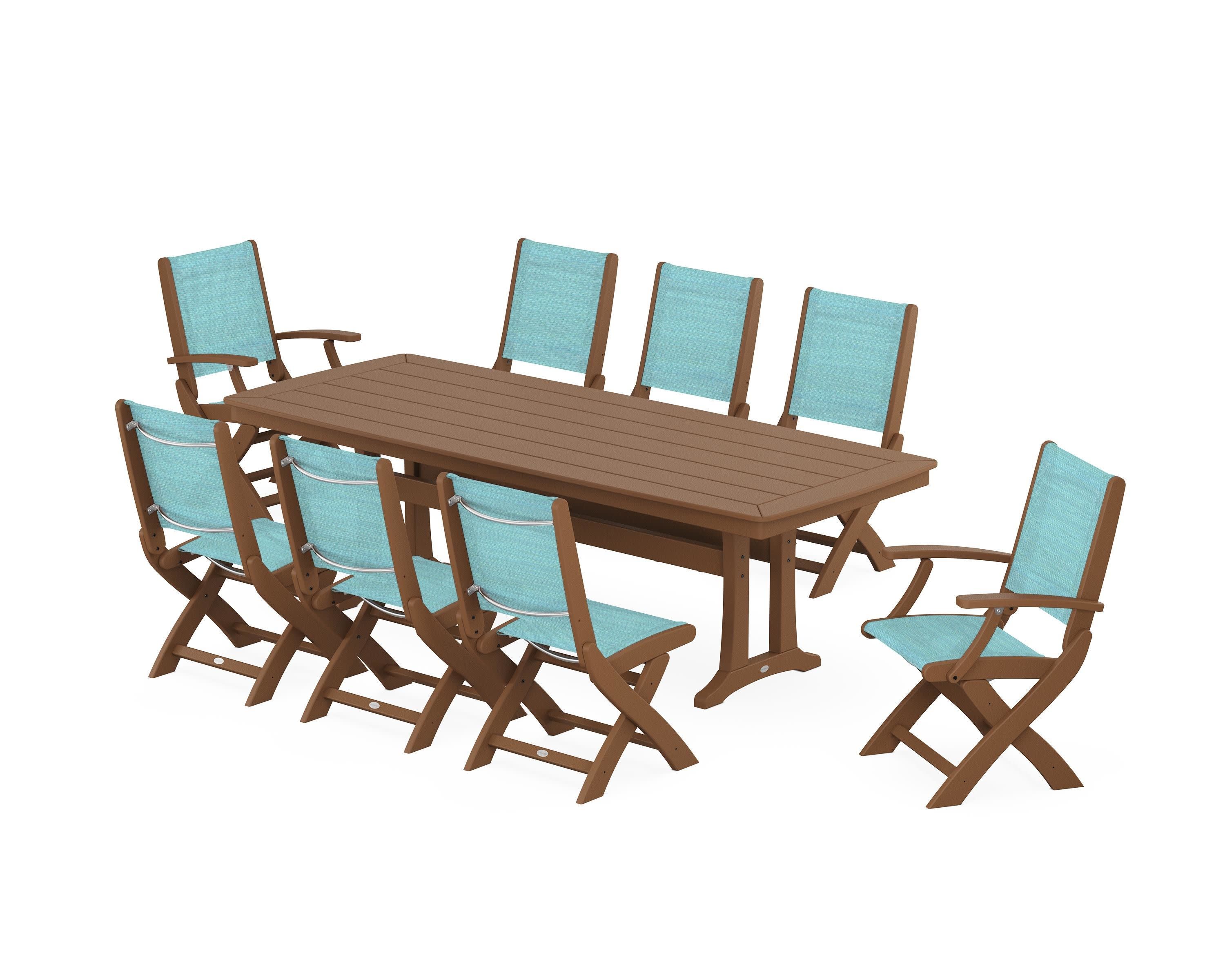 Coastal Folding 9-Piece Dining Set with Trestle Legs in Teak / Dupioni Aquamarine Sling