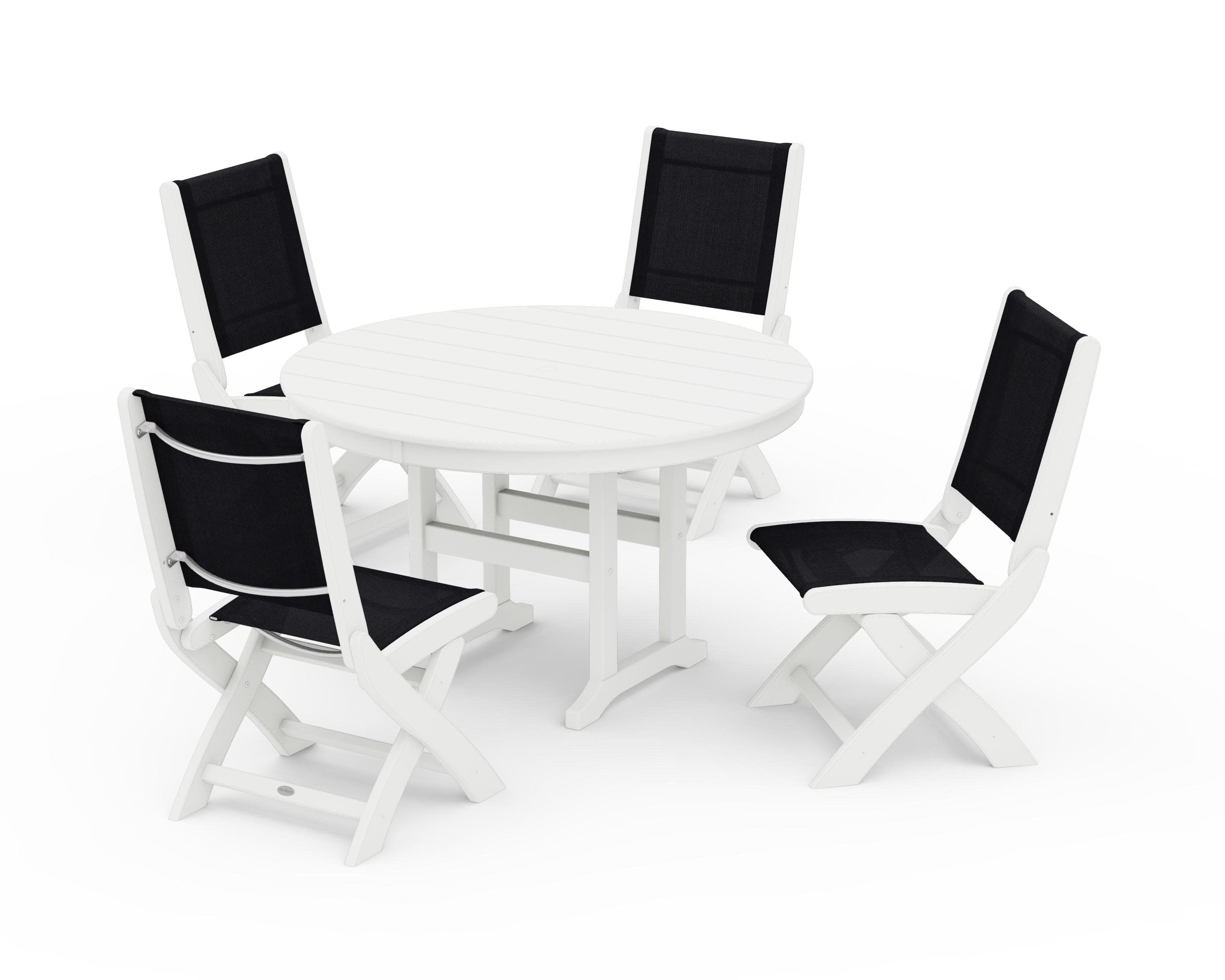 Coastal Folding Side Chair 5-Piece Round Dining Set in White / Black Sling
