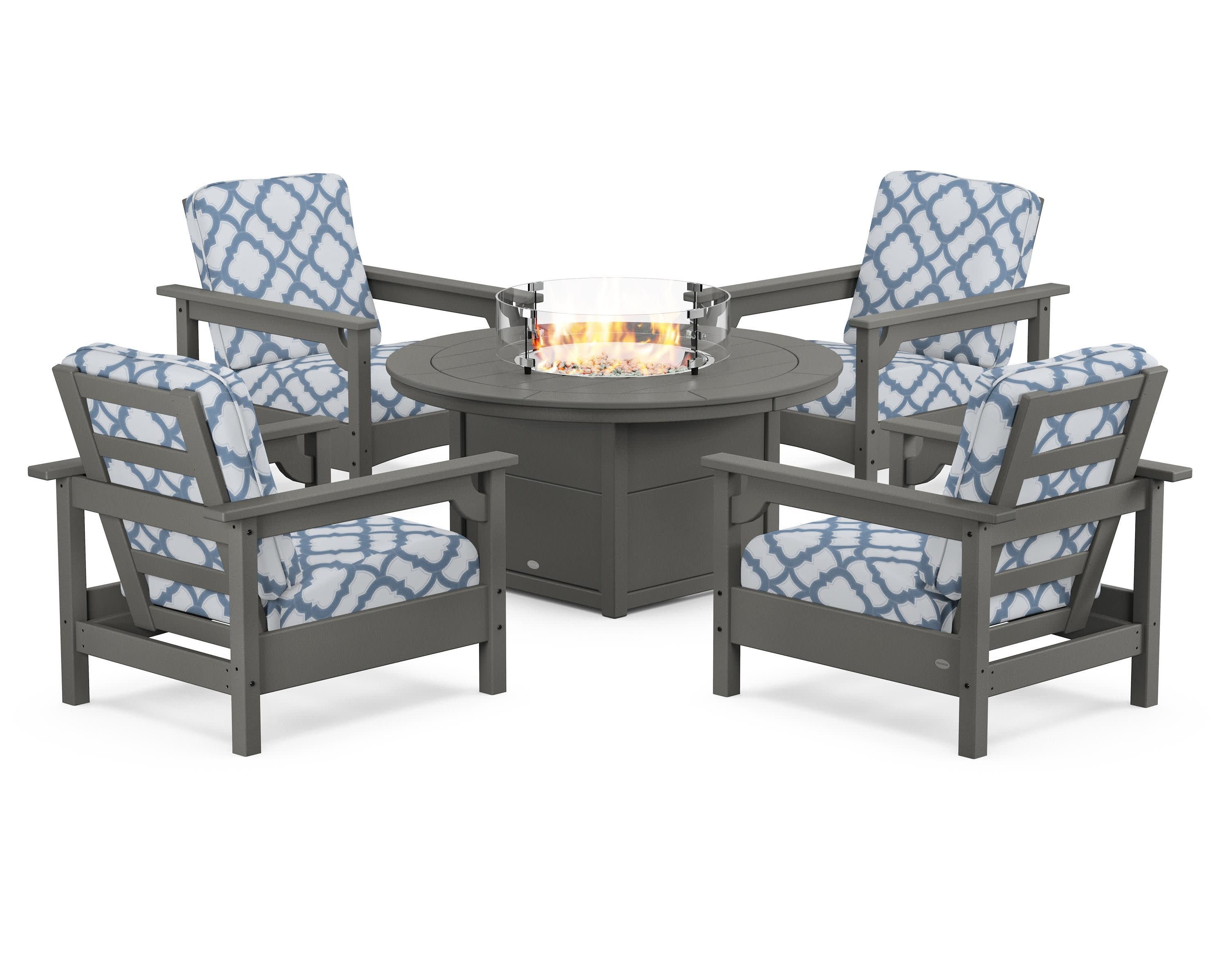 Club 5-Piece Conversation Set with Fire Pit Table in Slate Grey / Trellis Sky Blue