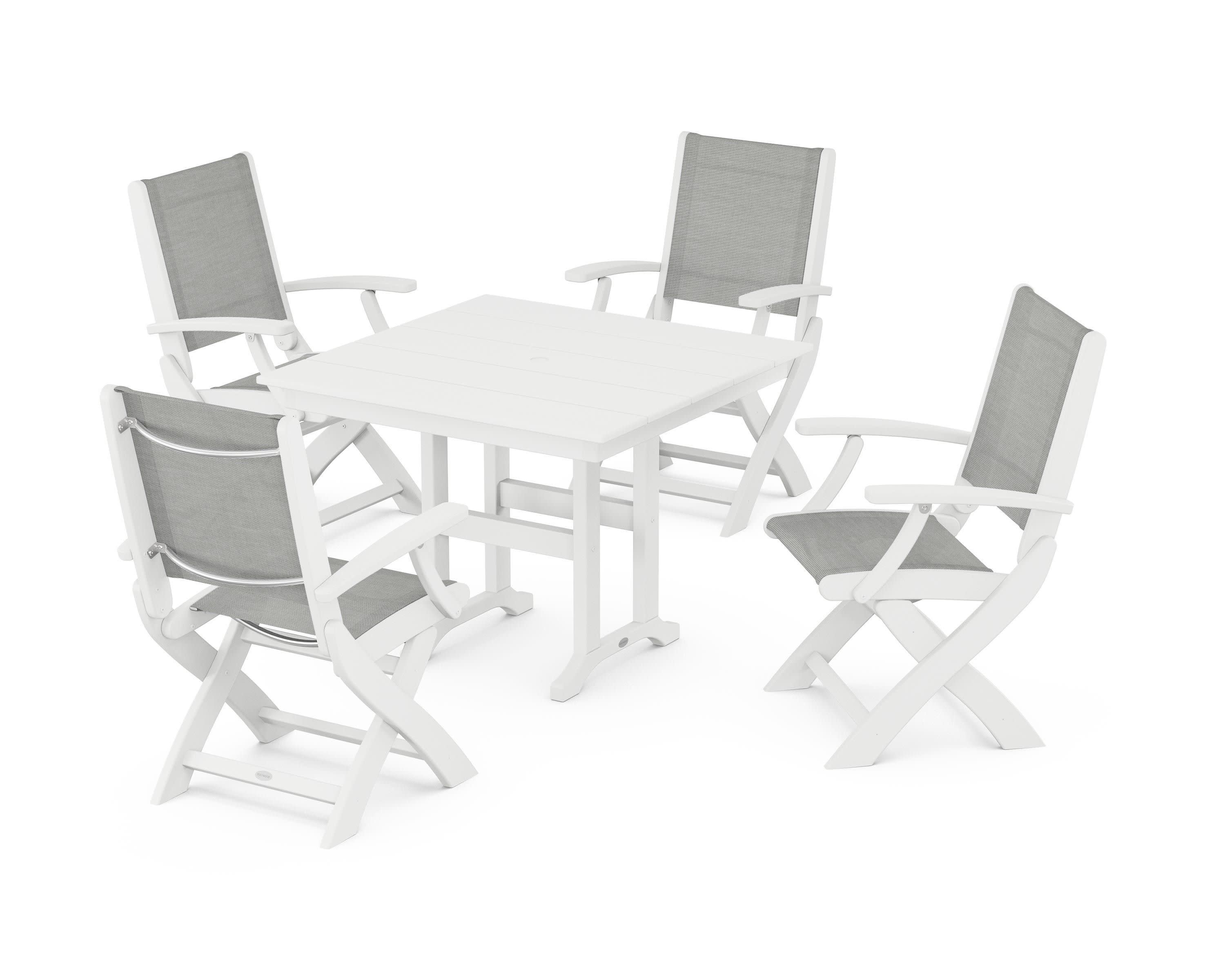 Coastal Folding Chair 5-Piece Farmhouse Dining Set in White / Metallic Sling