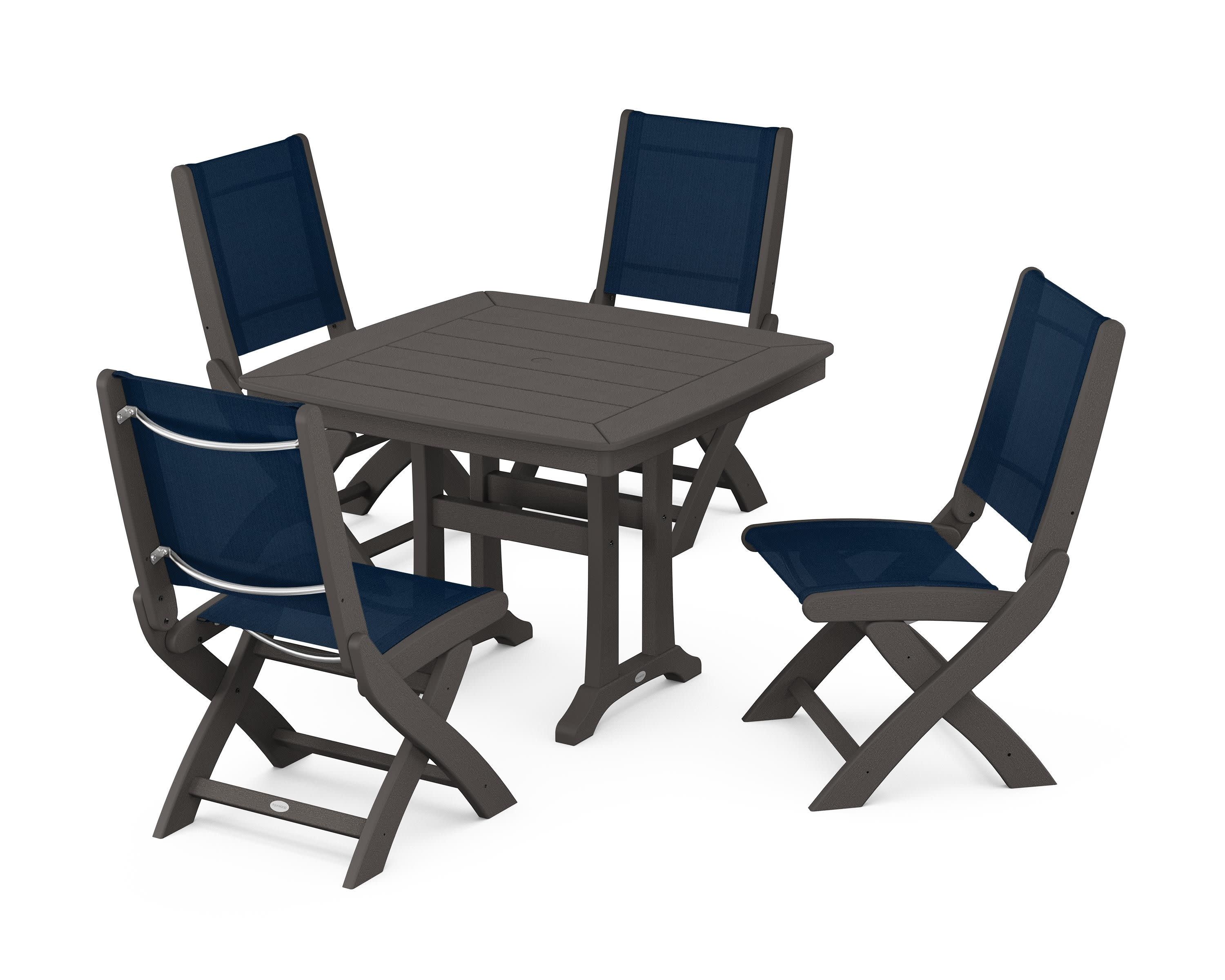 Coastal Folding Side Chair 5-Piece Dining Set with Trestle Legs in Vintage Coffee / Navy Blue Sling