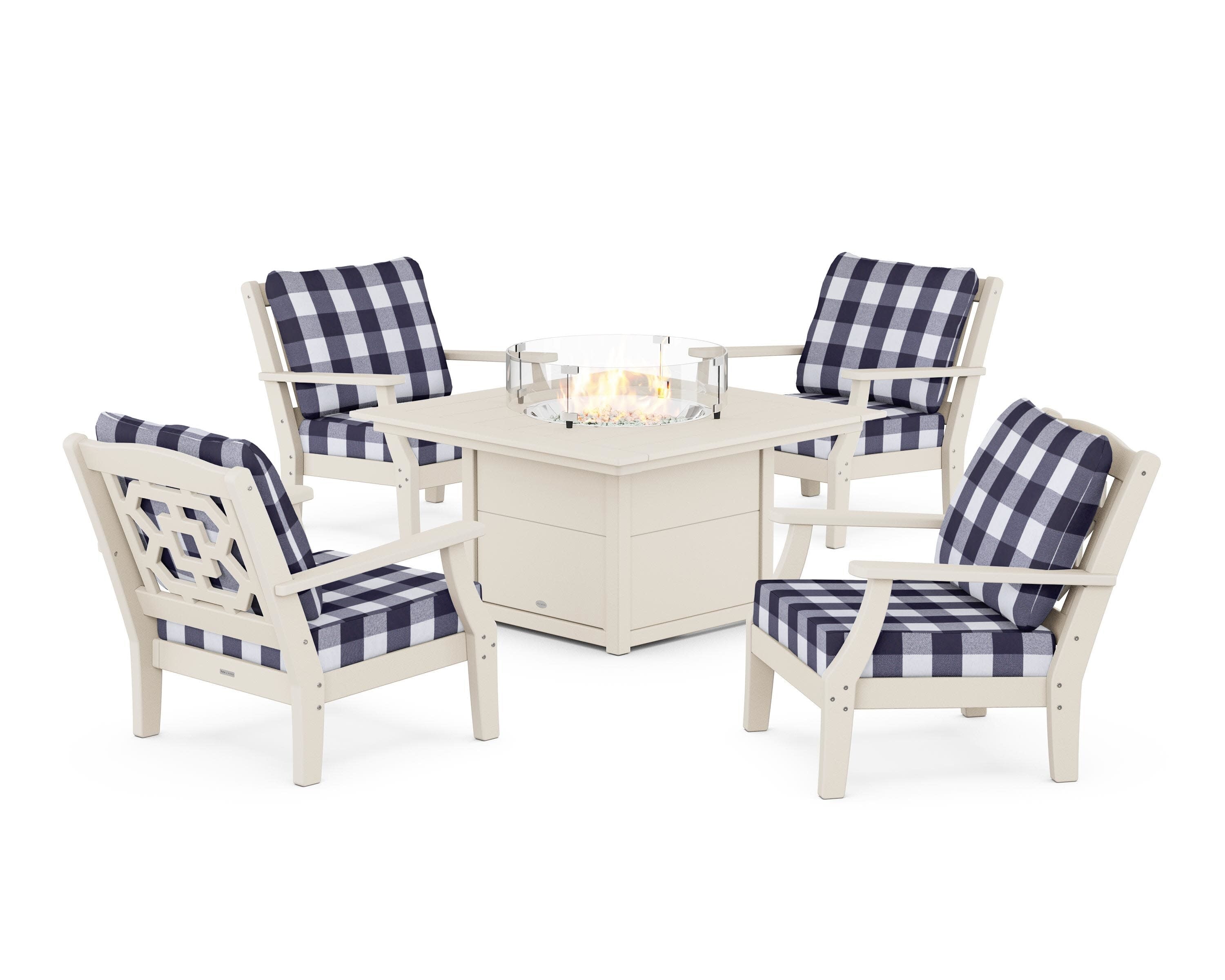Chinoiserie 5-Piece Deep Seating Set with Fire Pit Table in Sand / Buffalo Plaid Navy