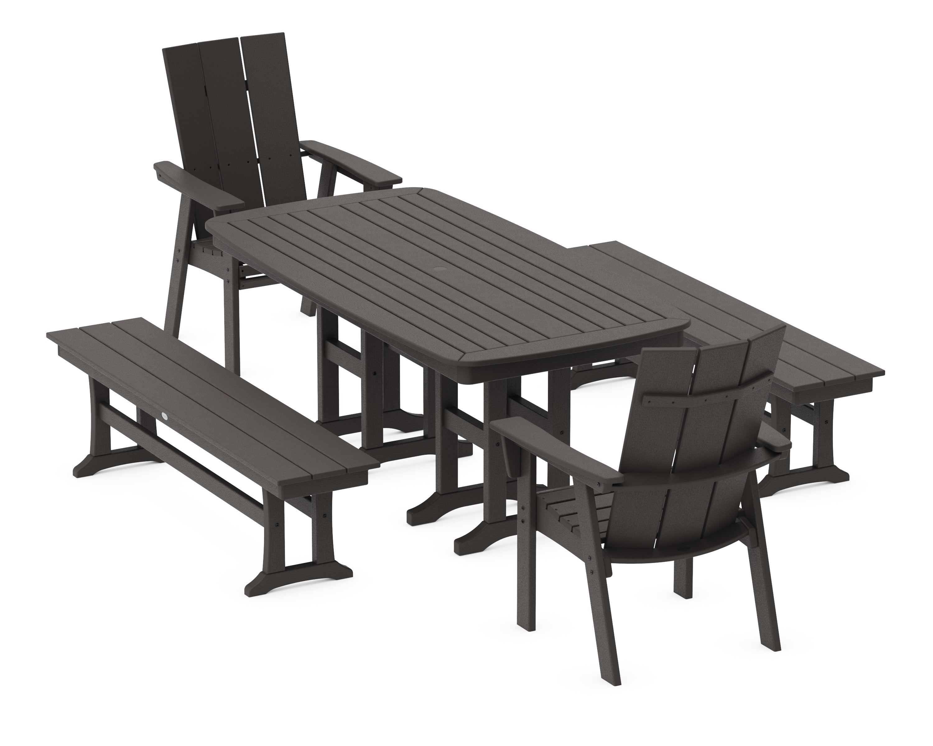 Modern Curveback Adirondack 5-Piece Dining Set with Benches in Vintage Coffee