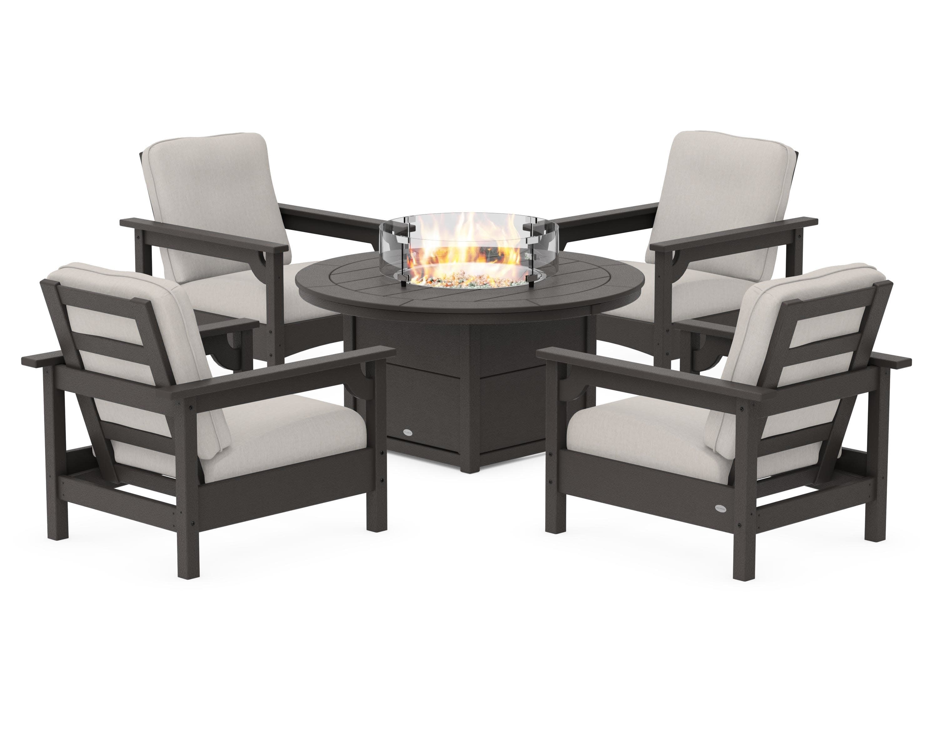 Club 5-Piece Conversation Set with Fire Pit Table in Vintage Coffee / Cast Ash