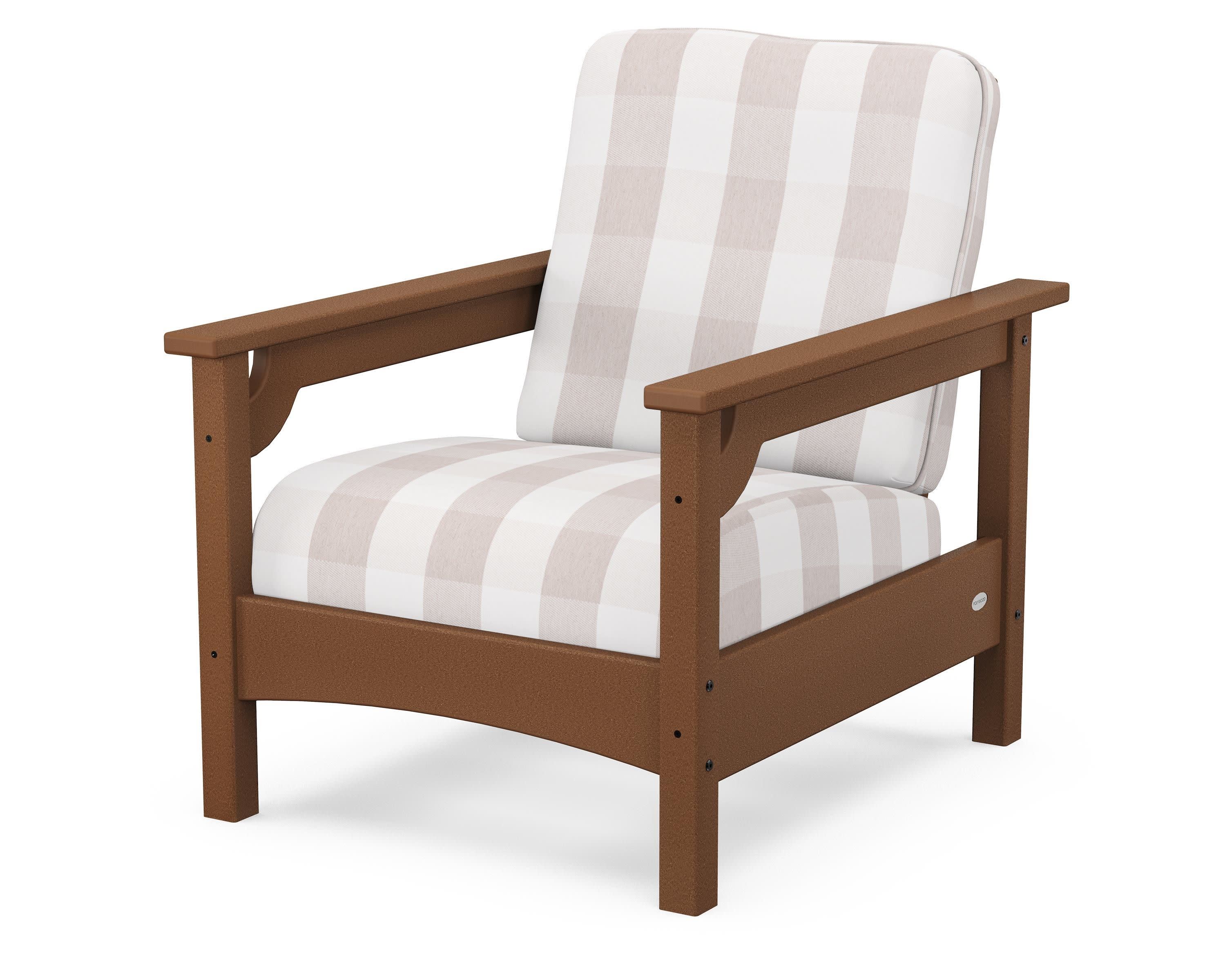 Club Chair in Teak / Buffalo Plaid Dune Burlap