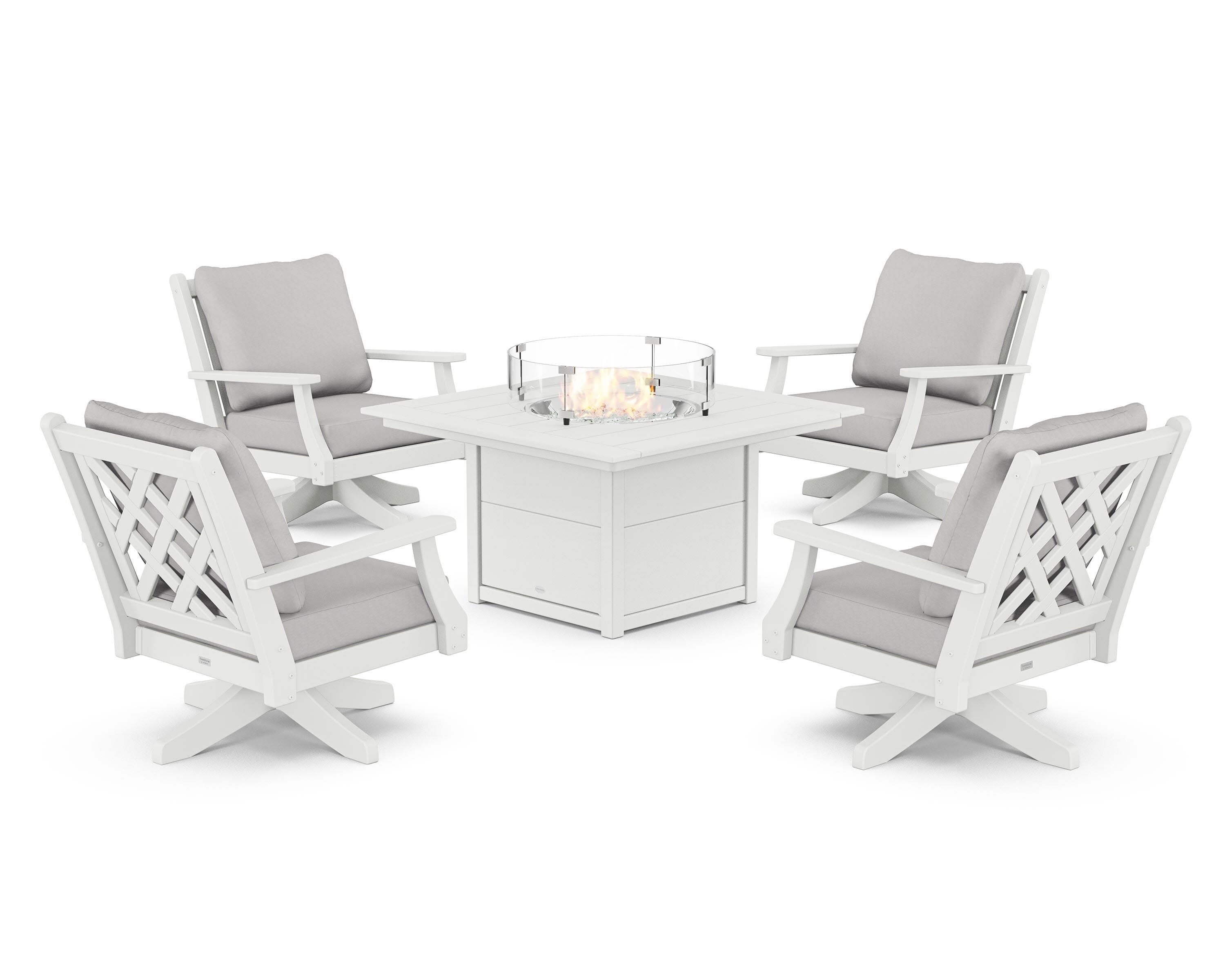 Wovendale 5-Piece Deep Seating Swivel Conversation Set with Fire Pit Table in White / Diamond in the Rough