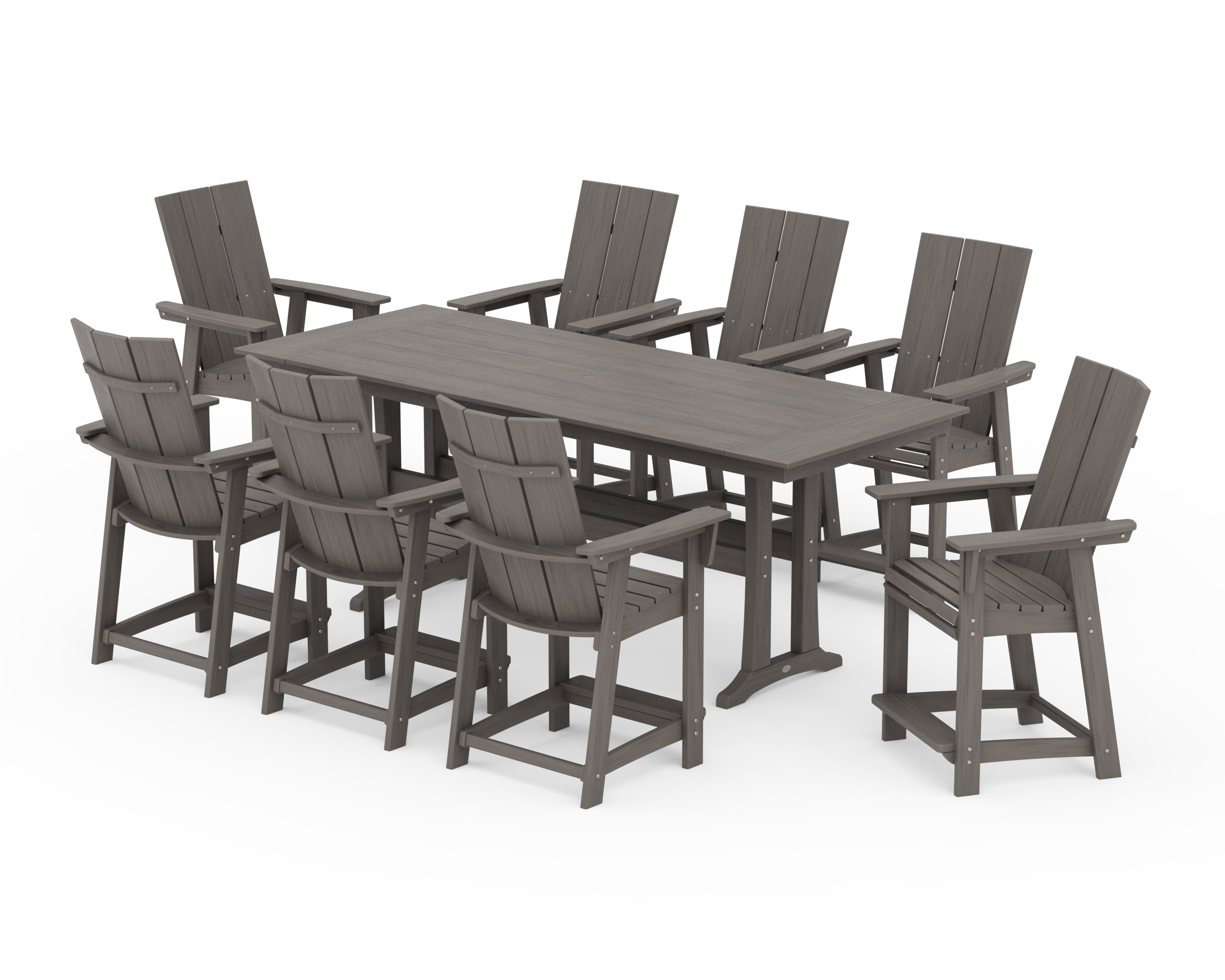 Modern Curveback Adirondack 9-Piece Farmhouse Counter Set with Trestle Legs in Driftwood