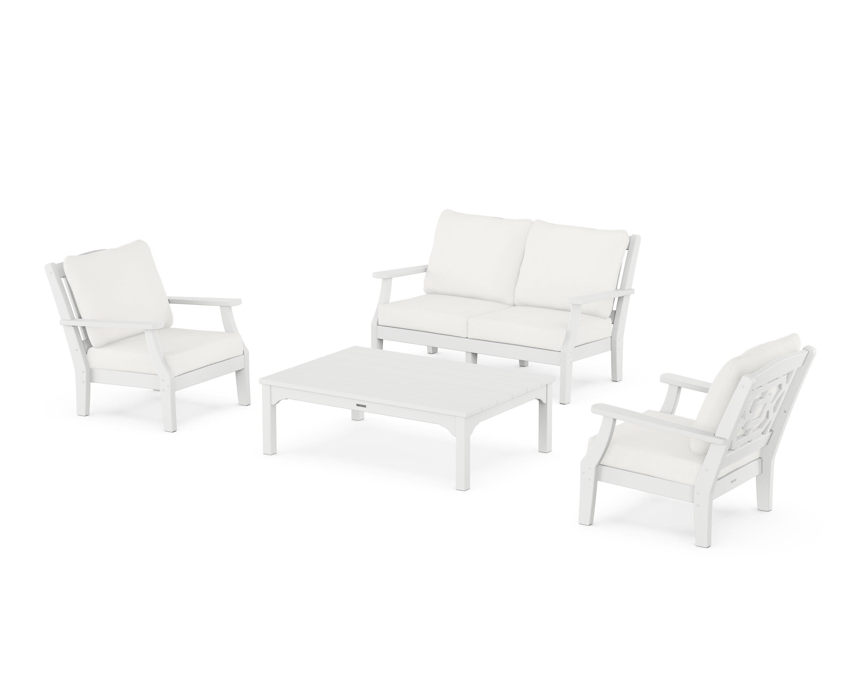Chinoiserie 4-Piece Deep Seating Set with Loveseat in White / Natural Linen