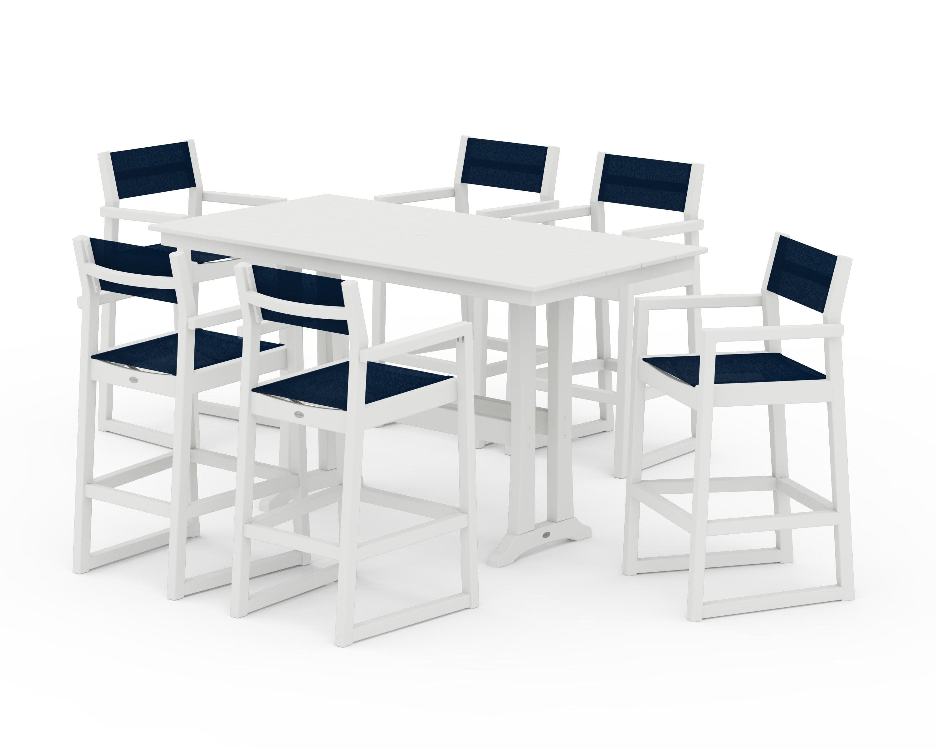 EDGE Sling Arm Chair 7-Piece Farmhouse Bar Set with Trestle Legs in Vintage White / Navy Blue Sling
