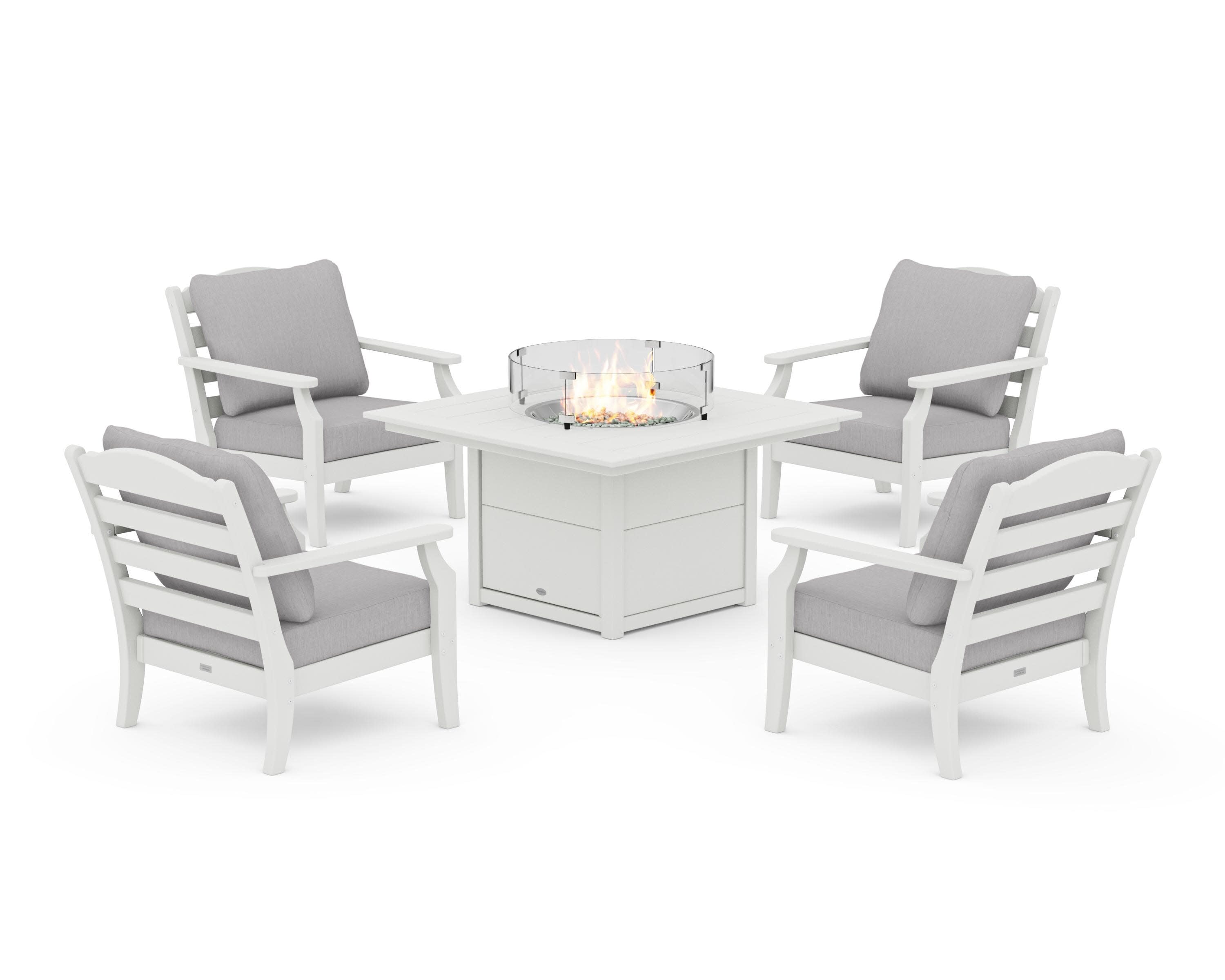 Savannah 5-Piece Deep Seating Set with Fire Pit Table in Vintage White / Granite