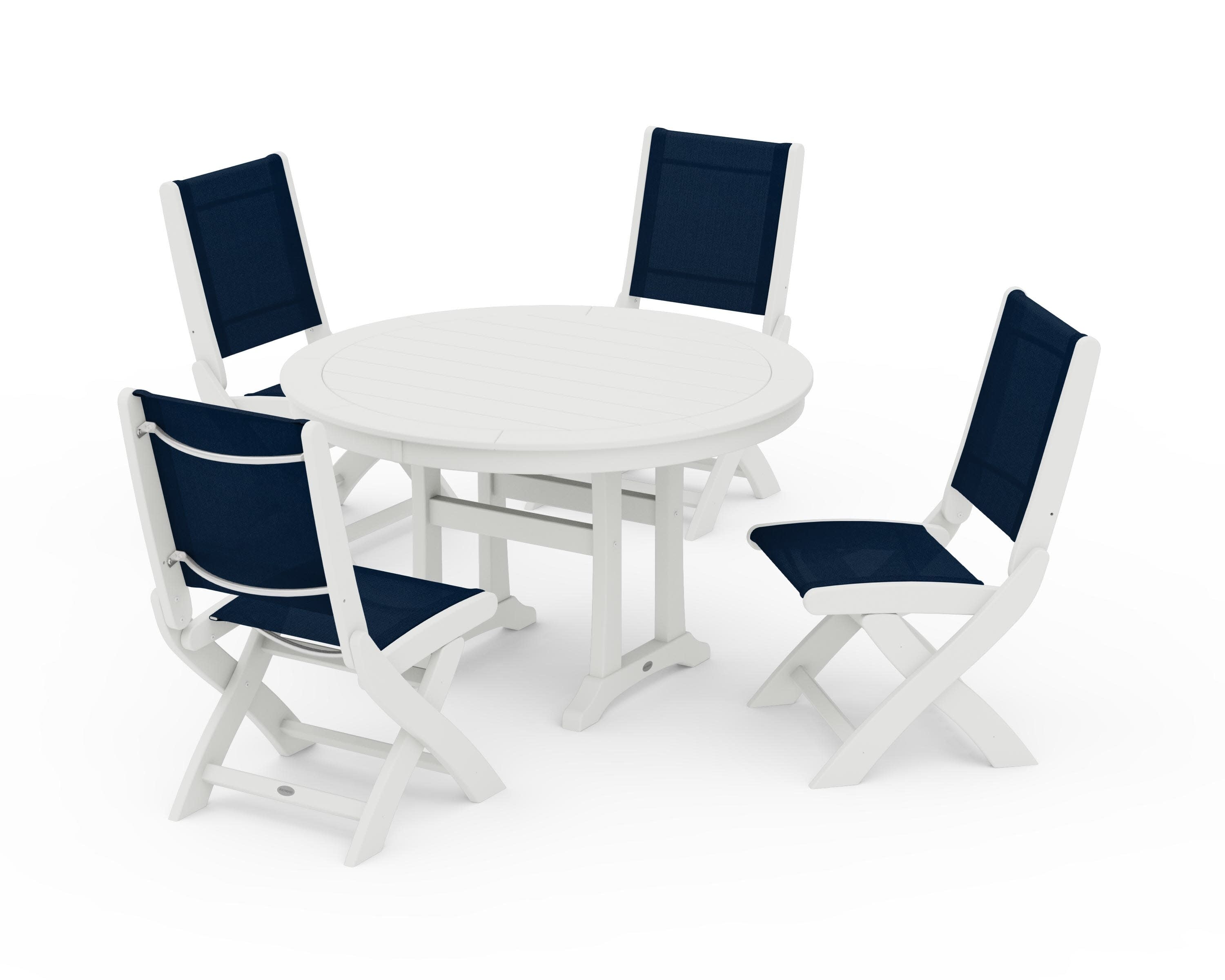 Coastal Folding Side Chair 5-Piece Round Dining Set With Trestle Legs in Vintage White / Navy Blue Sling