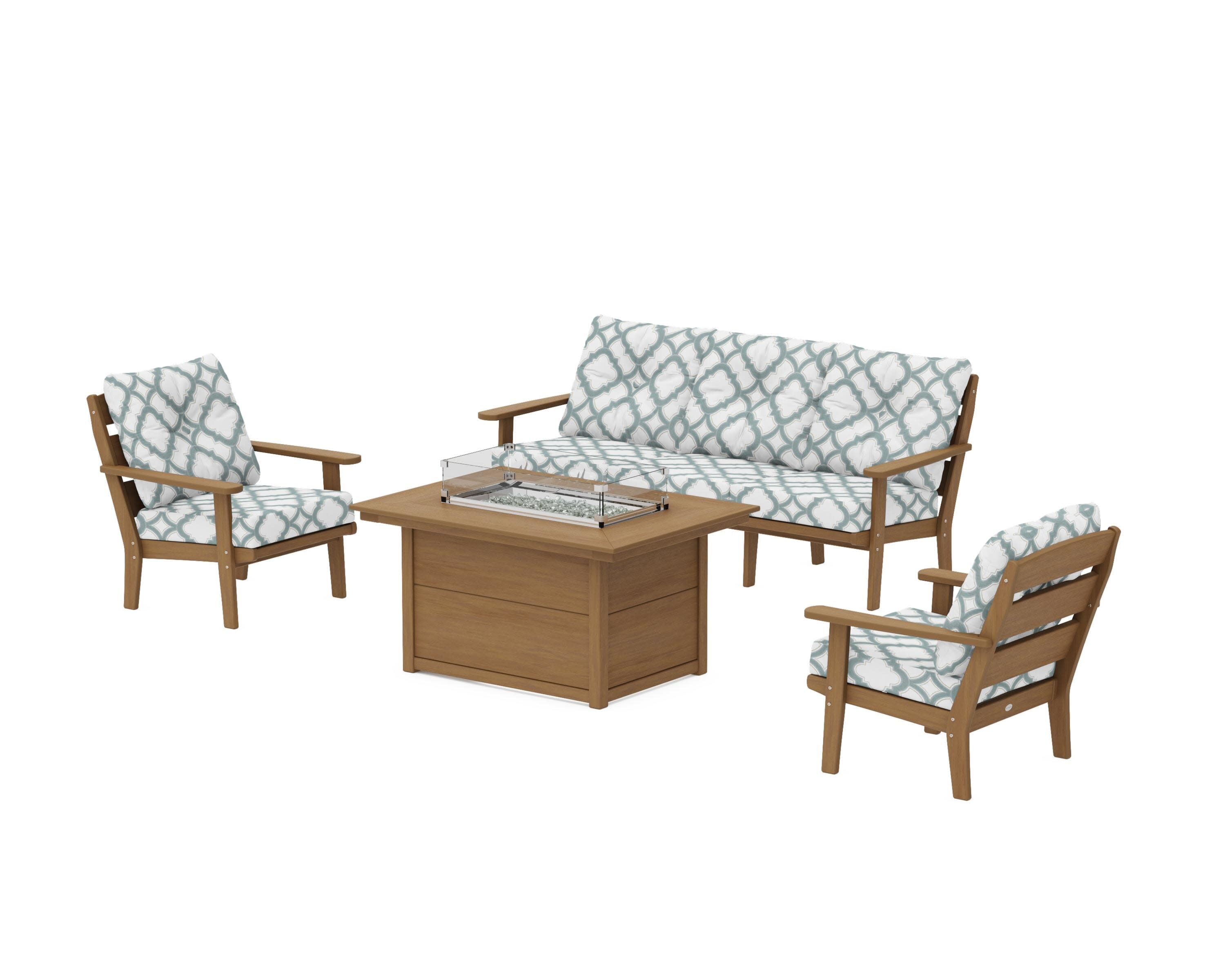 Lakeside Deep Seating Fire Pit Table Set in Natural / Trellis Glacier Spa