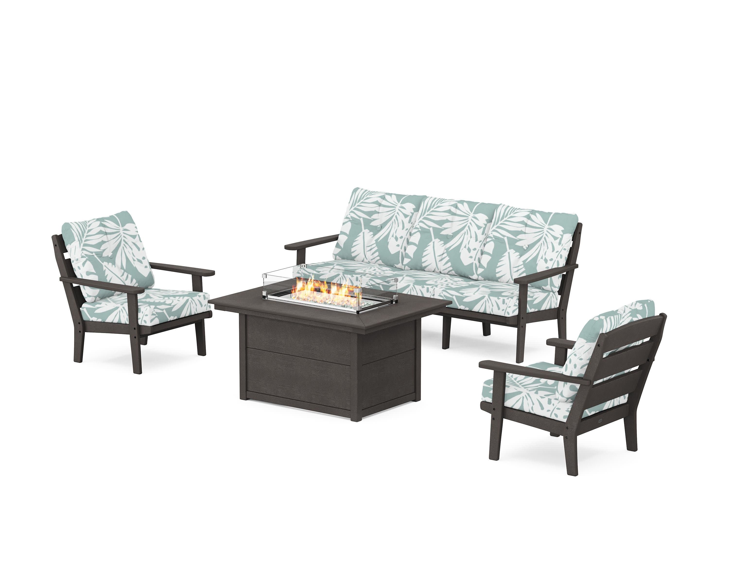 Lakeside Deep Seating Fire Pit Table Set in Vintage Coffee / Leaf Glacier Spa