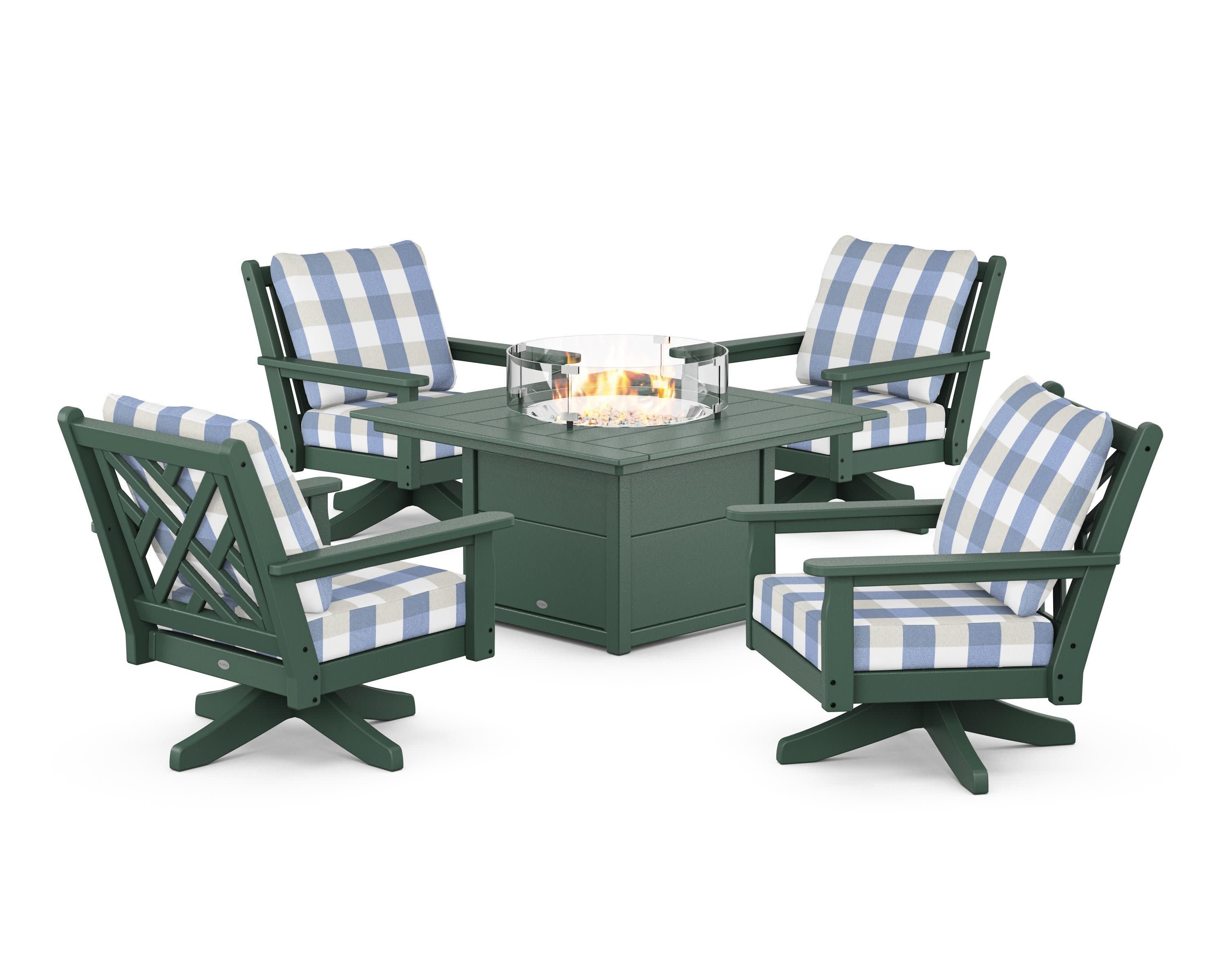 Chippendale 5-Piece Deep Seating Swivel Conversation Set with Fire Pit Table in Green / Buffalo Plaid Sky Blue